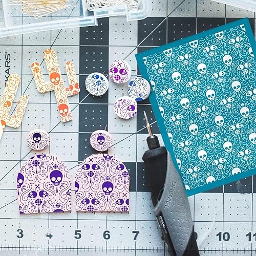 Miniatura 4 de OLYCRAFT Plantillas de arcilla de calavera de 4 x 5 pulgadas, plantilla de pantalla de seda no adhesiva, esqueleto, huesos de calavera, pantalla de