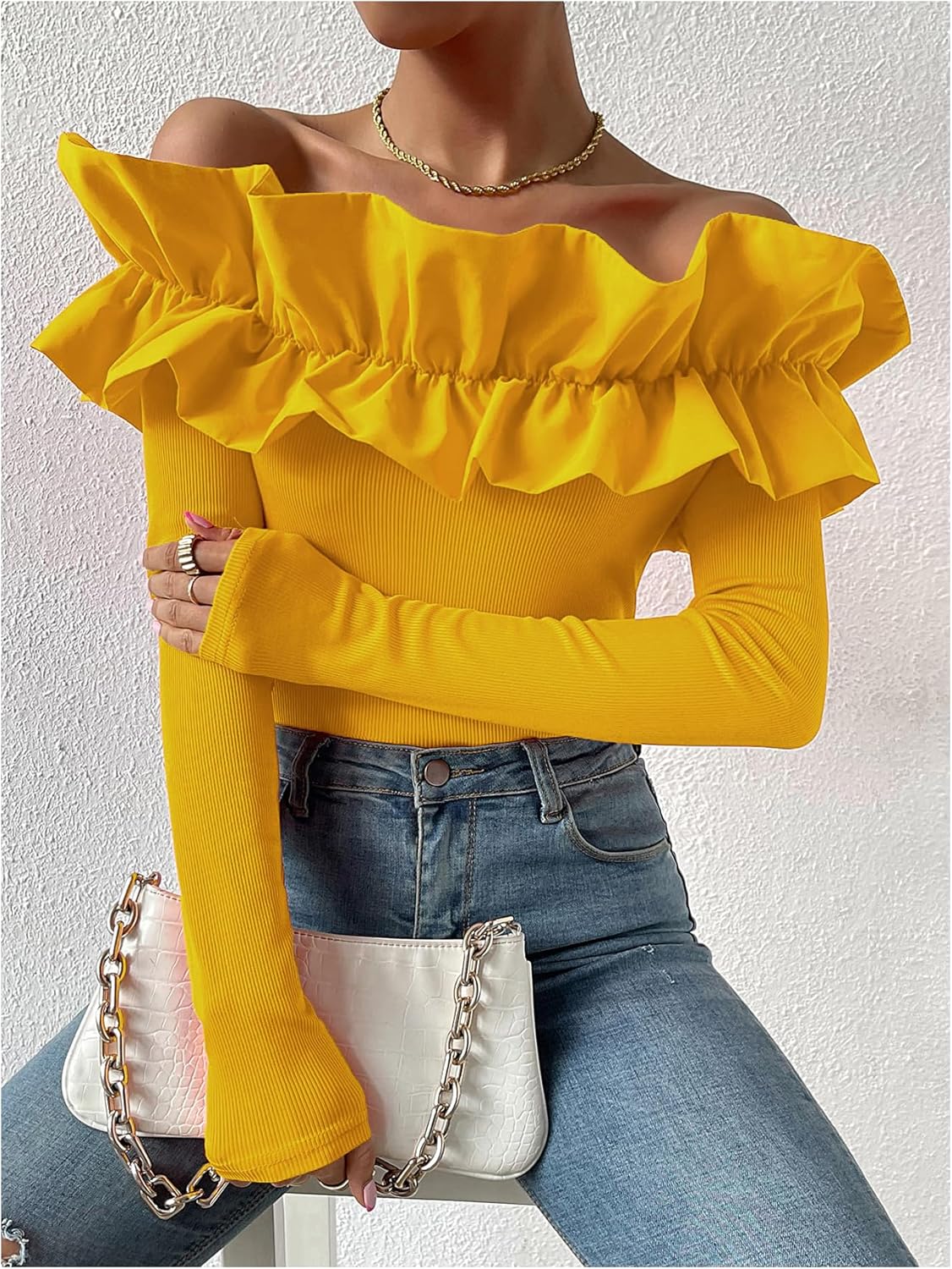 OYOANGLE Women's Long Sleeve Rib Knit Ruffle Off Shoulder Blouse Party Tops Shirt - Image 4
