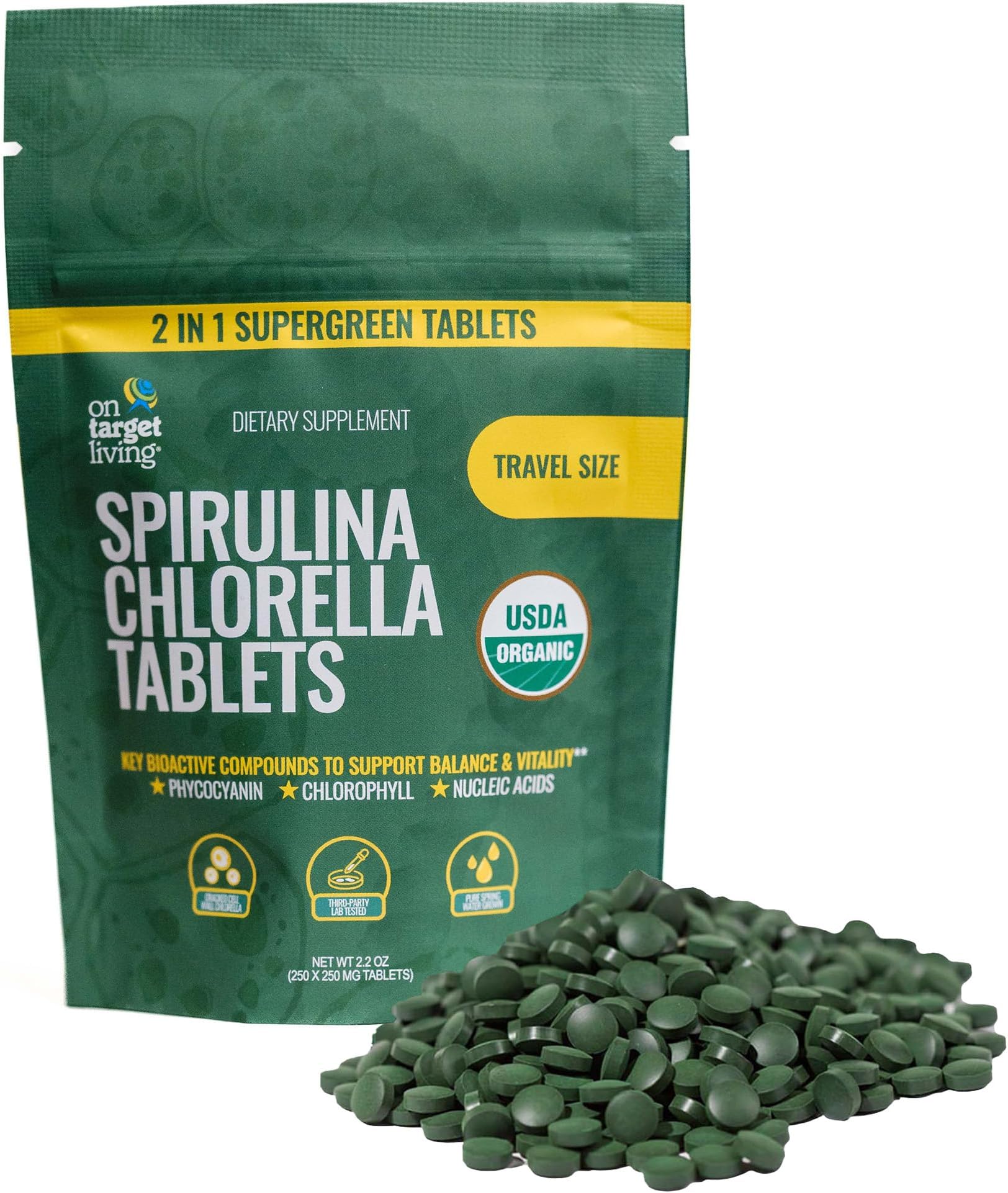 On Target Living Organic Spirulina Chlorella Travel Size | Super Greens | USDA Organic | 250 Tablets- 250 G (2.2 oz) | Vegan | Immune Support | Alkalyzing | Protein Dense
