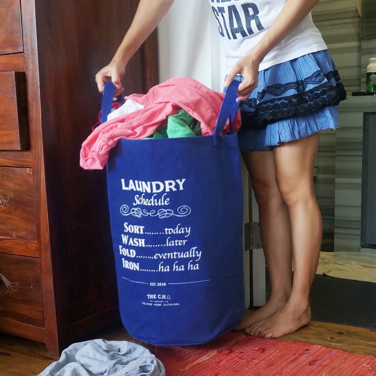The C.H.O. Hilarious Laundry Hamper | Navy Blue Laundry Schedule | 55 Liters of Heavy Duty Cotton Canvas | 21 Inches Tall x 14 Inches Wide | Collapsible | Drawstring Enclosure for Extra Space