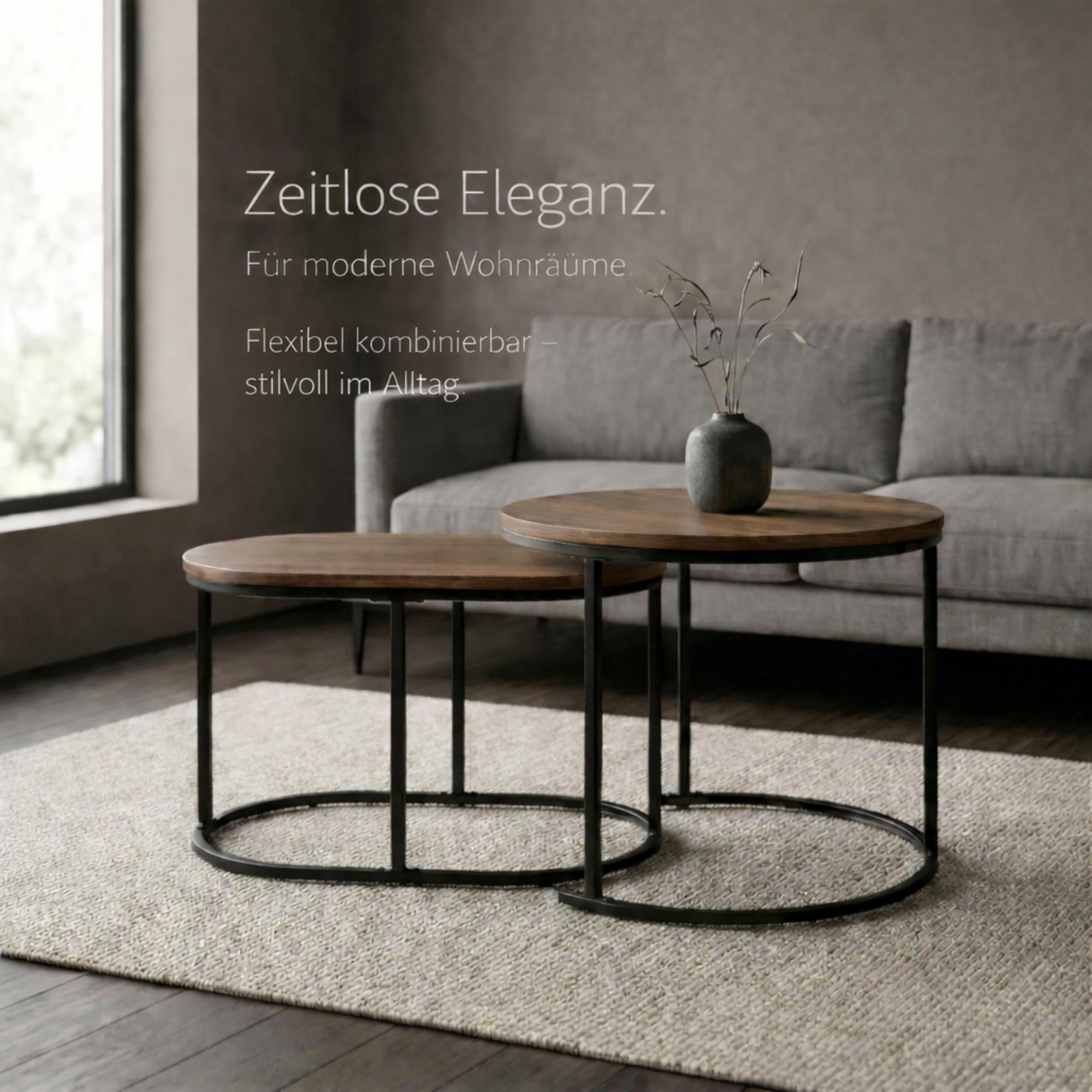 Couchtisch Rund & Oval, 2er Set Satztisch Holzoptik, Schwarz | Platzsparendes Satztisch Set für Wohnzimmer, modernes Nesting Design, stabiles Metallgestell