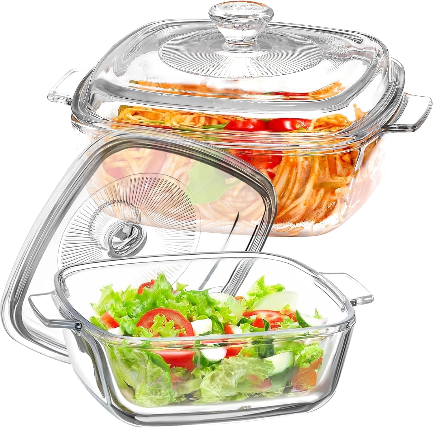 Confezione da 2 casseruole in vetro con coperchio, pirofila quadrata con manico in vetro borosilicato per forno, cucina, casa, feste, cucina, lavabile in lavastoviglie (0,8 L + 1,5 L)