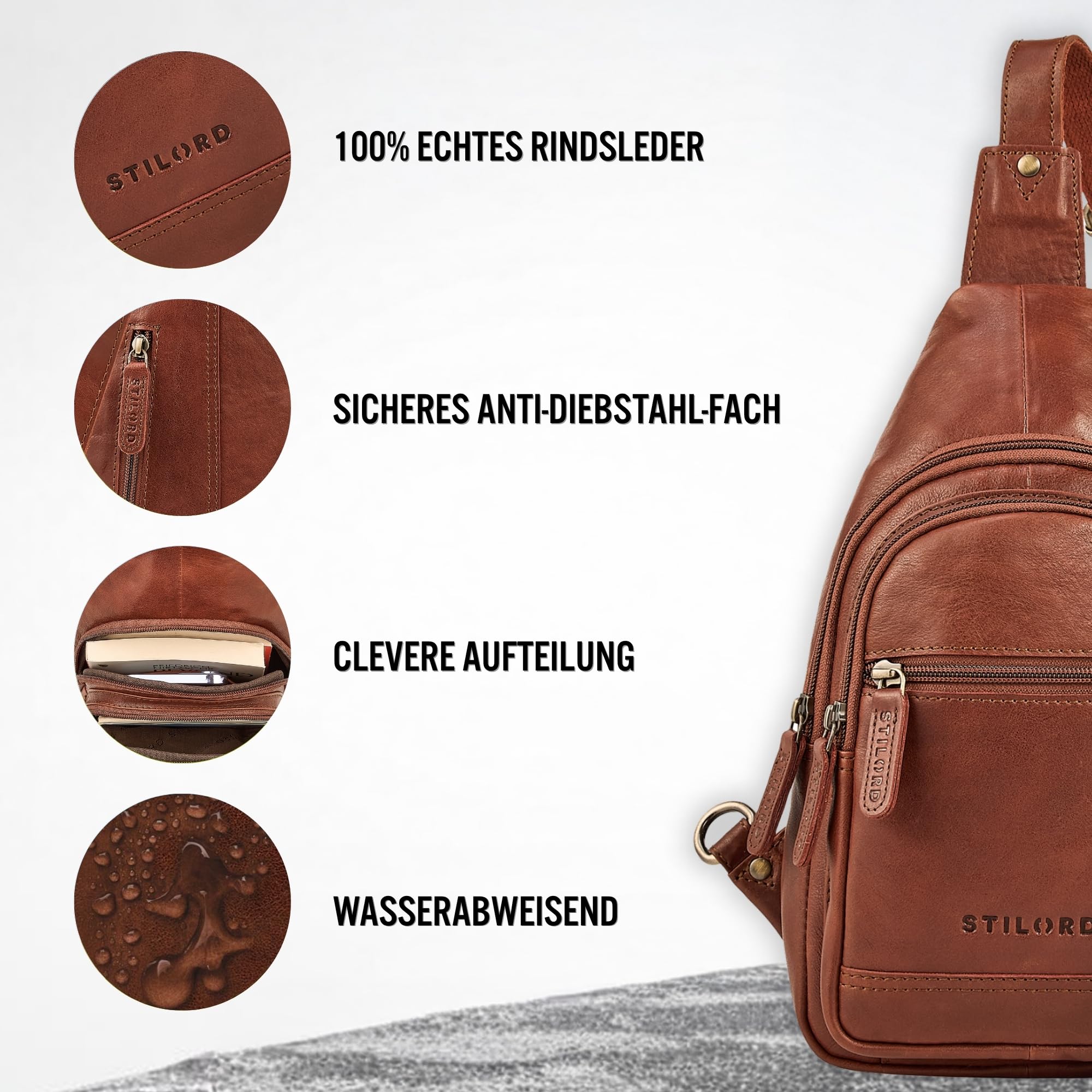 STILORD "Torino Stylishe Sling Bag Herren Leder Schwarz Crossbody Bag - Echtleder Herrentasche zum Umhängen Tablet 8,3 Zoll - Anti-Diebstahl Brustbeutel Reise & Alltag