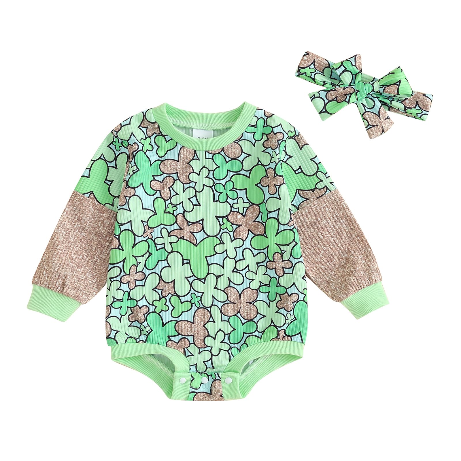 Kayotuas St Patricks Day Baby Girl Outfit Shamrock Bubble Romper Long Sleeve Crewneck Sweatshirt Onesie Toddler Clover Shirt (Green, 12-18 Months)