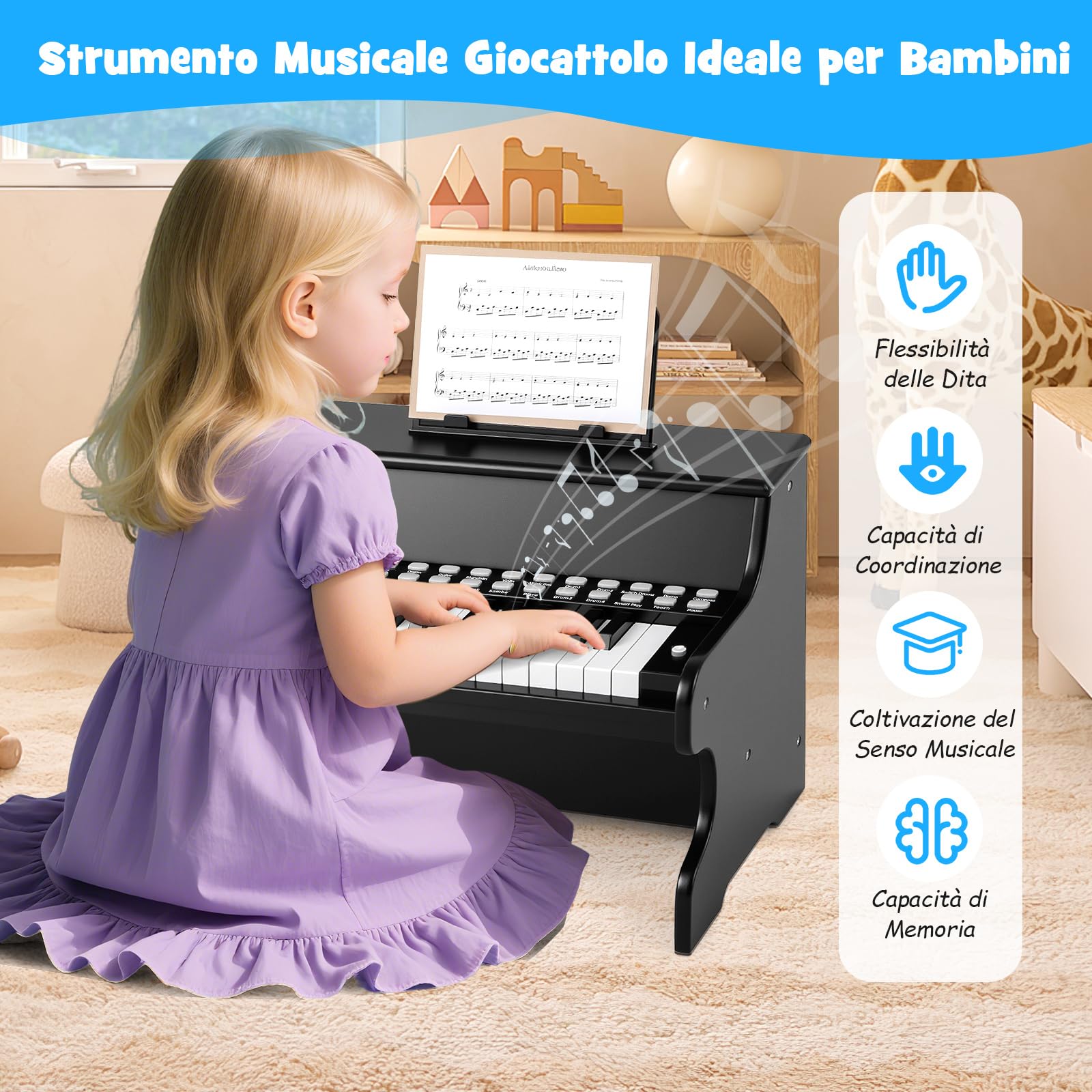 COSTWAY Tastiera Pianoforte per Bambini a 25 Tasti, Mini Pianoforte Digitale Giocattolo, con Velocità e Volume Regolabili, Tasto Luminoso e Leggio Rimovibile, per Ragazzi 3+ Anni (Nero)