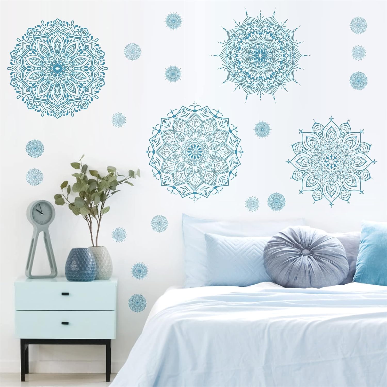 Kazova Light Blue Mandala Wall Stickers, Removable Mandala Art Decals Lotus Flower Boho Wall Decor for Yoga Room Meditation Space Bedroom Living Room, 4 Sheets 11 x 11 Inch