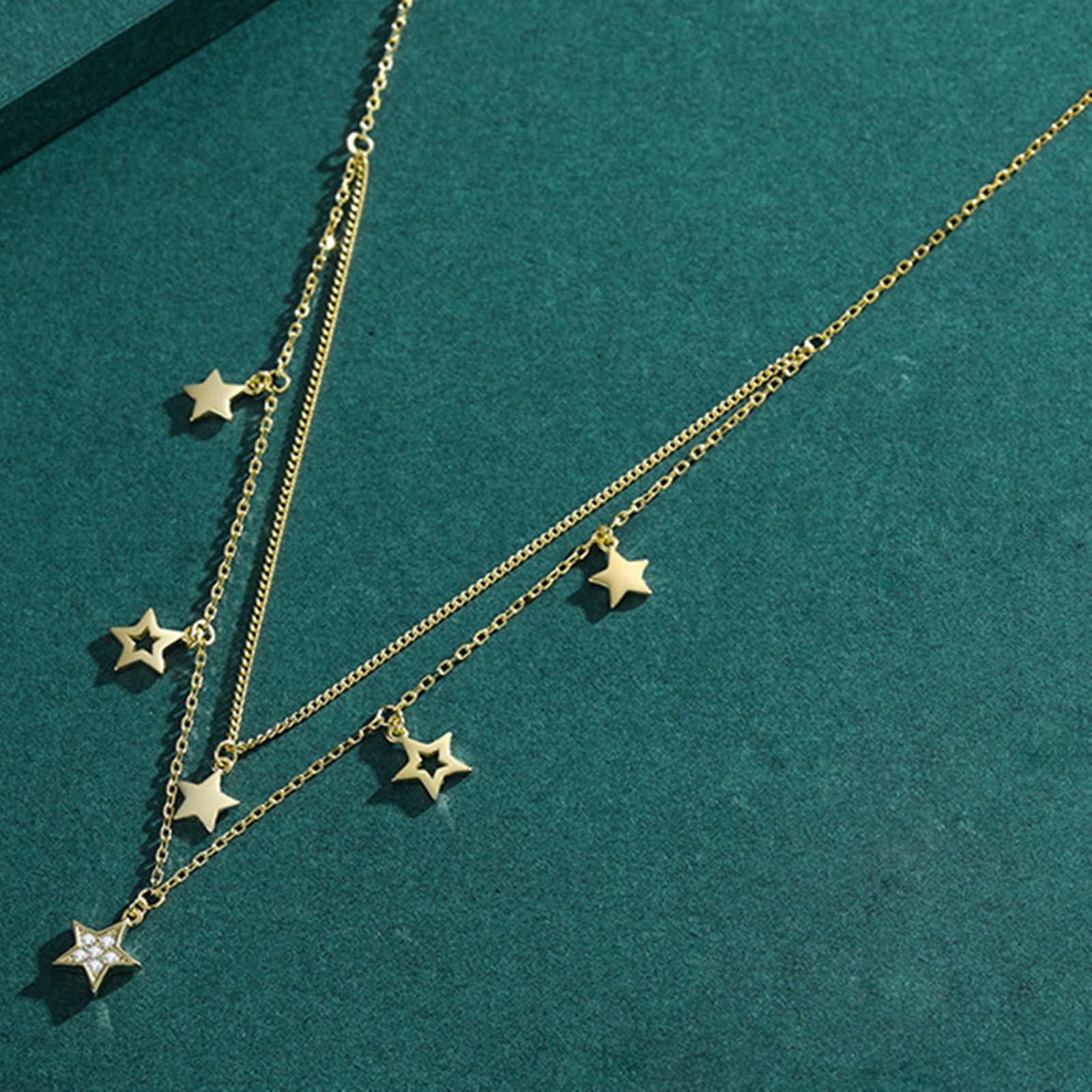 Collares de estrella de 2 capas para mujer, cadena de oro amarillo de 9 quilates, 14 quilates, 18 quilates con moissanita, collar de estrella de cable alargado para mujer, 40 + 5 cm