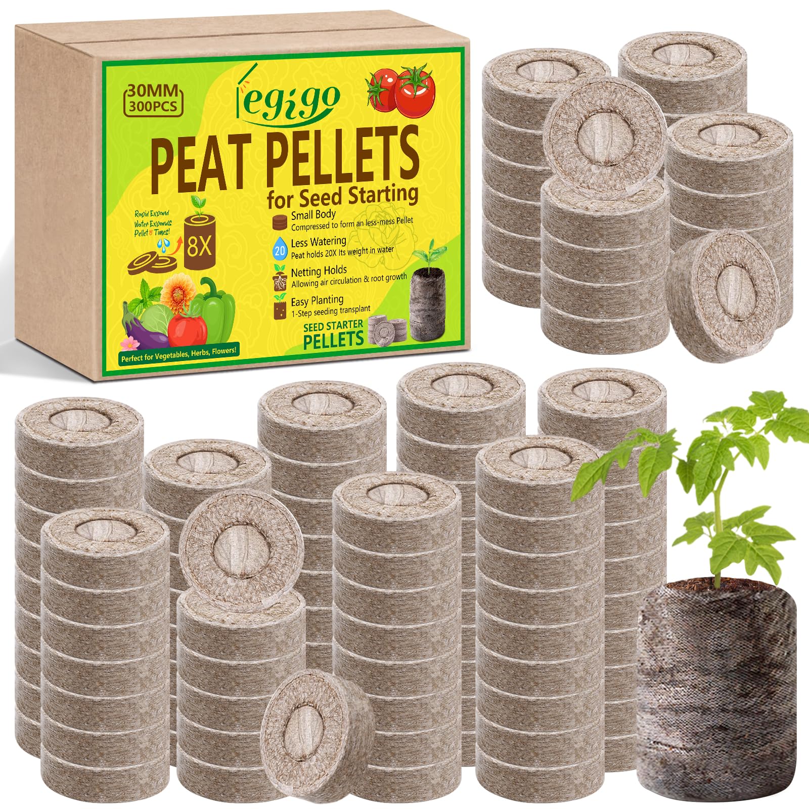 Legigo 300 Pcs 30mm Peat Pellets for Seedlings, Seed Starter Soil Pods | Quick Germination &amp; Easy Transplanting, Ready-to-Use Seedling Soil for Vegetables, Herbs, Flowers and Indoor Gardening