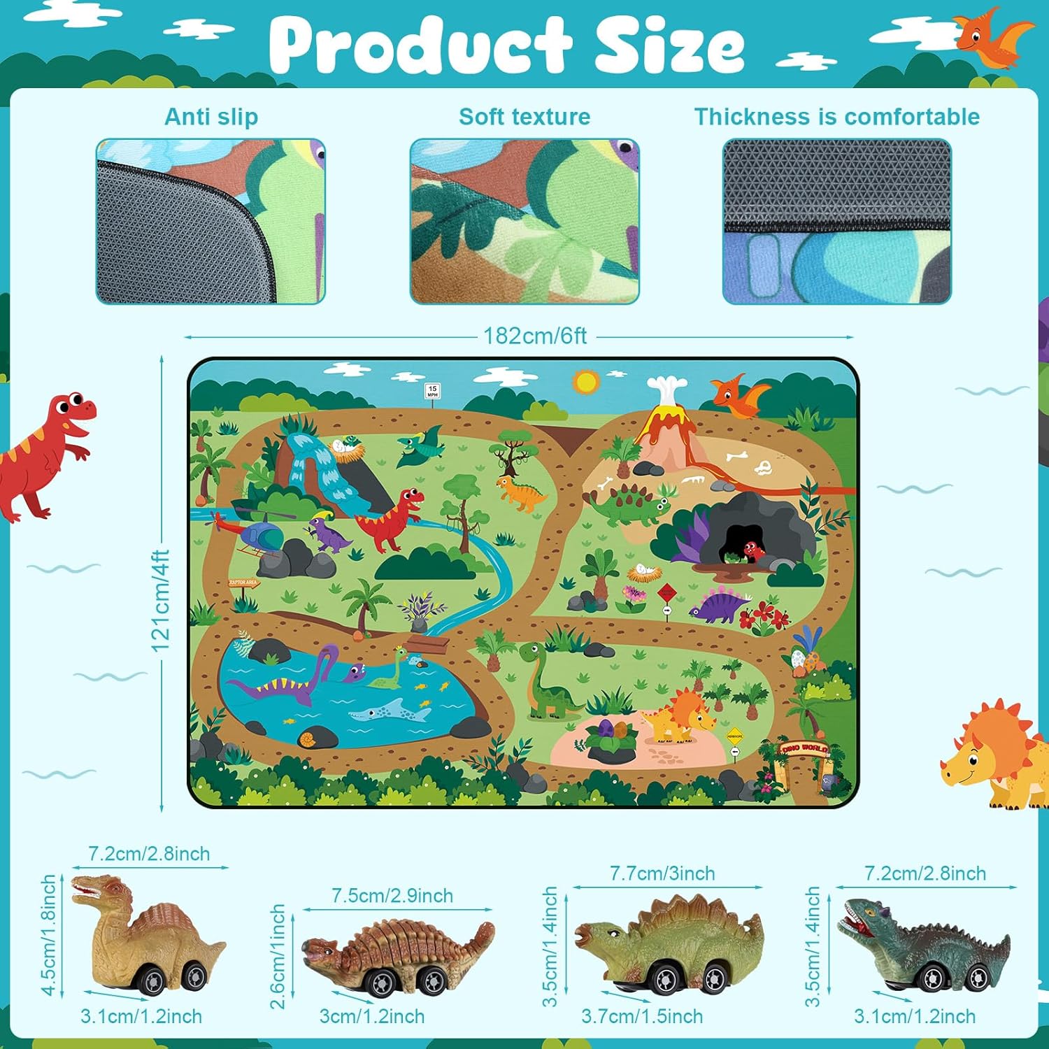 Tinideya Kids Dinosaur Playmat Rugs, 4x6 ft Kids Car Road Carpet with Dinosaur Toy Car, Rubber Backing, Non-Slip, Children Play Mat for Boys Girls Bedroom Playroom Classroom Kindergarten Daycare
