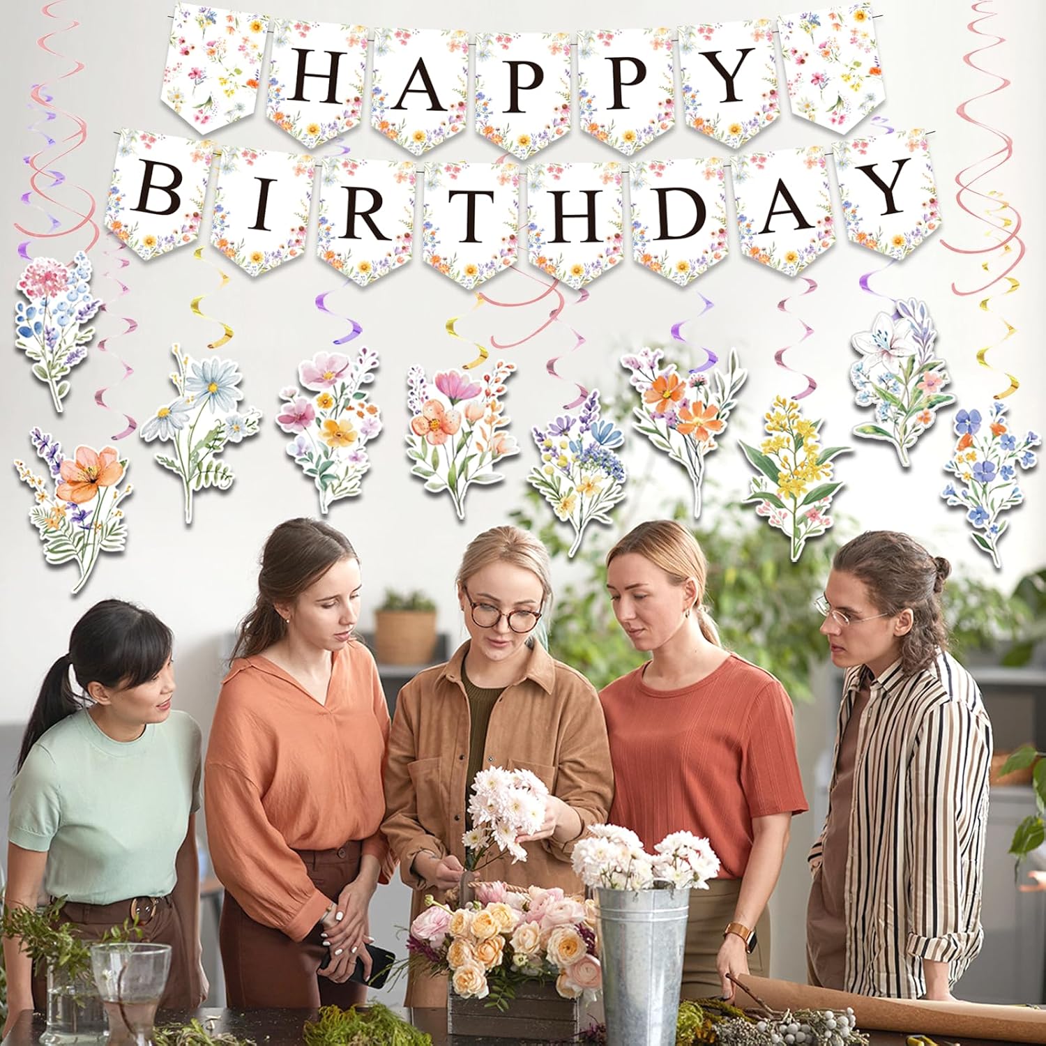 25Pcs Wildflower Birthday Decorations for Girl, Flower Birthday Decorations Floral Party Decorations with Happy Birthday Banner Garland Hanging Swirls Wildflower Baby Shower Decorations for Women
