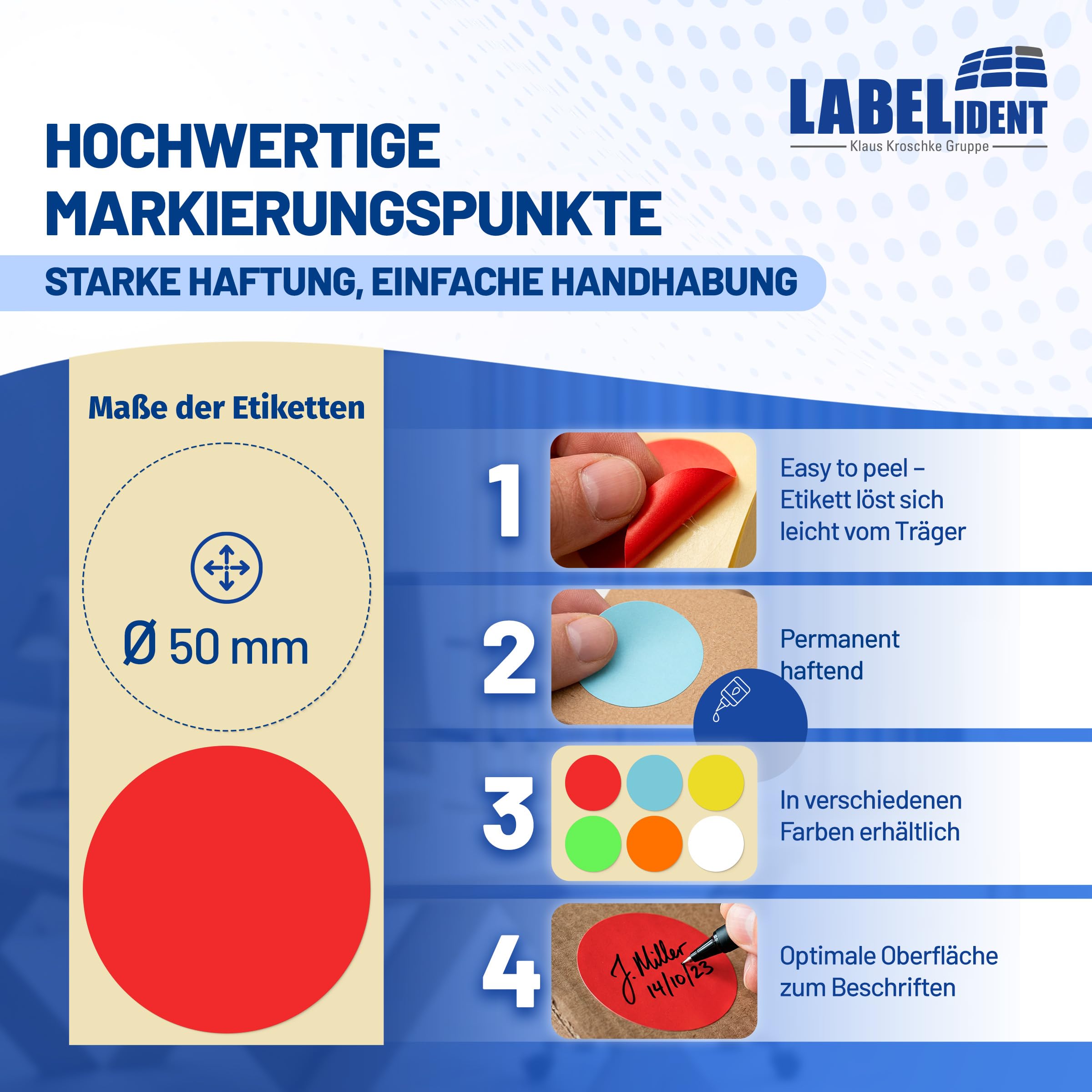 Labelident Markierungspunkte, Klebepunkte neonrot - Ø 50 mm - 1.000 bunte Papieraufkleber auf 1 Rolle/n, Inventuretiketten selbstklebend