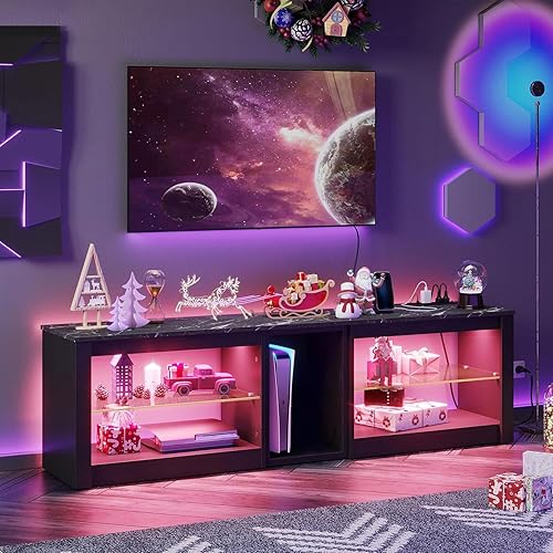 Bestier Soporte de TV para TV de 70 pulgadas con tomas de corriente, centro de entretenimiento LED para PS5, consolas de TV para juegos con estantes