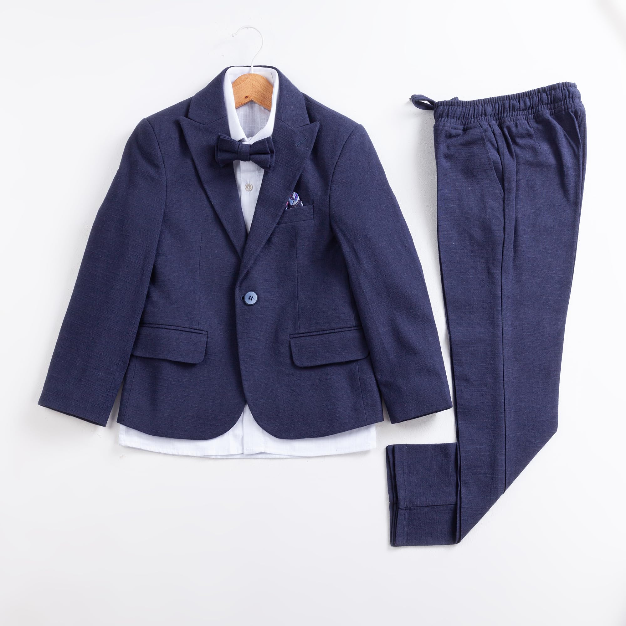 Traje para niños | Conjunto de 4 piezas de tela de licra flexible y cómodo 100% algodón, camisa, pantalones, chaqueta y pajarita | con elastano para fiesta y ropa formal para niños