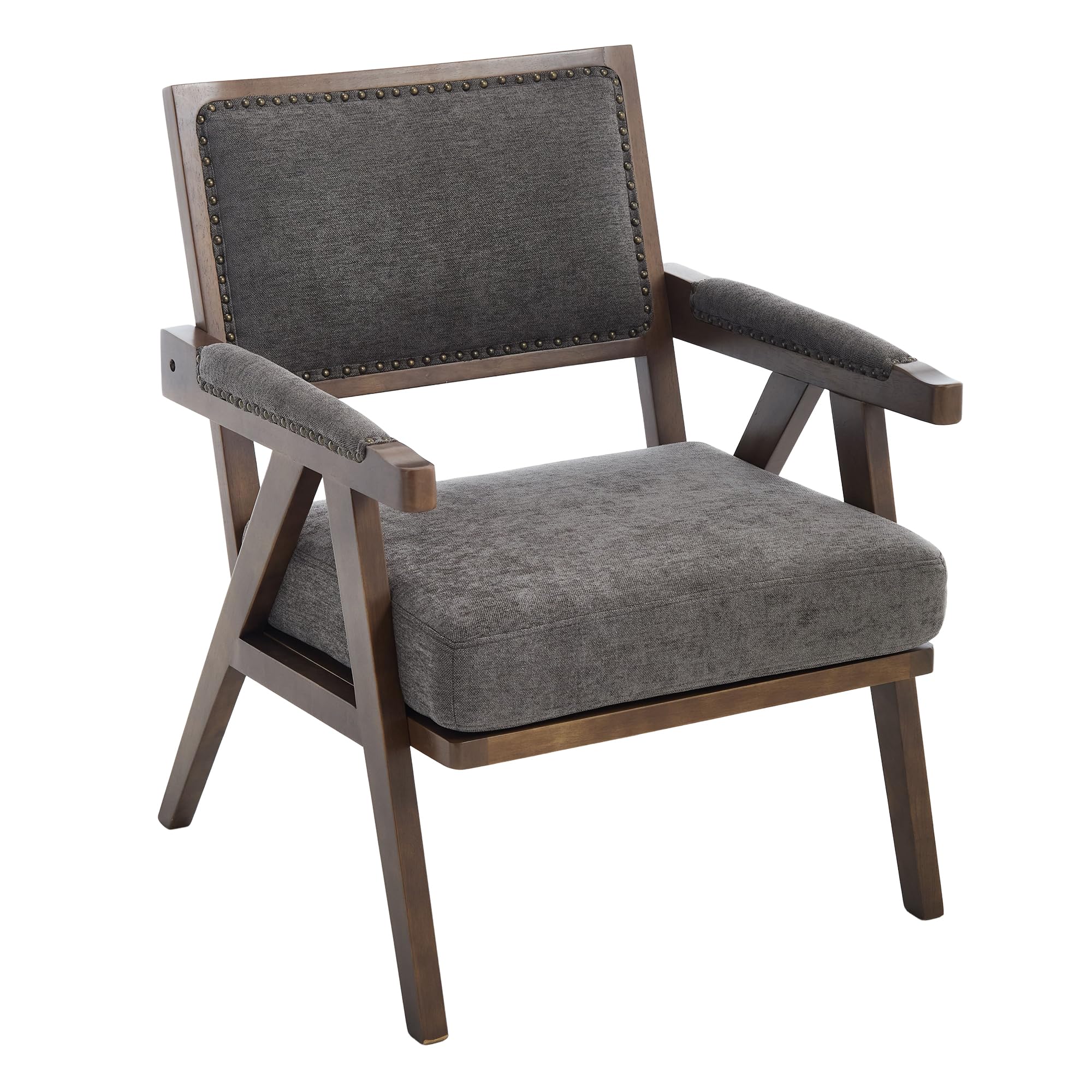 Lexiou Mid-Century - Sillón individual de tela con reposabrazos, marco de madera acolchado, para salón, dormitorio, estudio, oficina, decoración (gris)