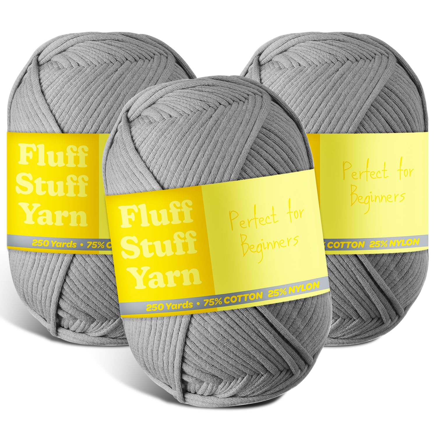 Soft Yarn – Crochet &amp; Knitting Yarn, Beginner Yarn with Easy-to-See Stitches, 3 Pack of 250 Yds Amigurumi Yarn, Cotton-Nylon Blend Tshirt Yarn, Worsted Weight Yarn 4, Grey Yarn