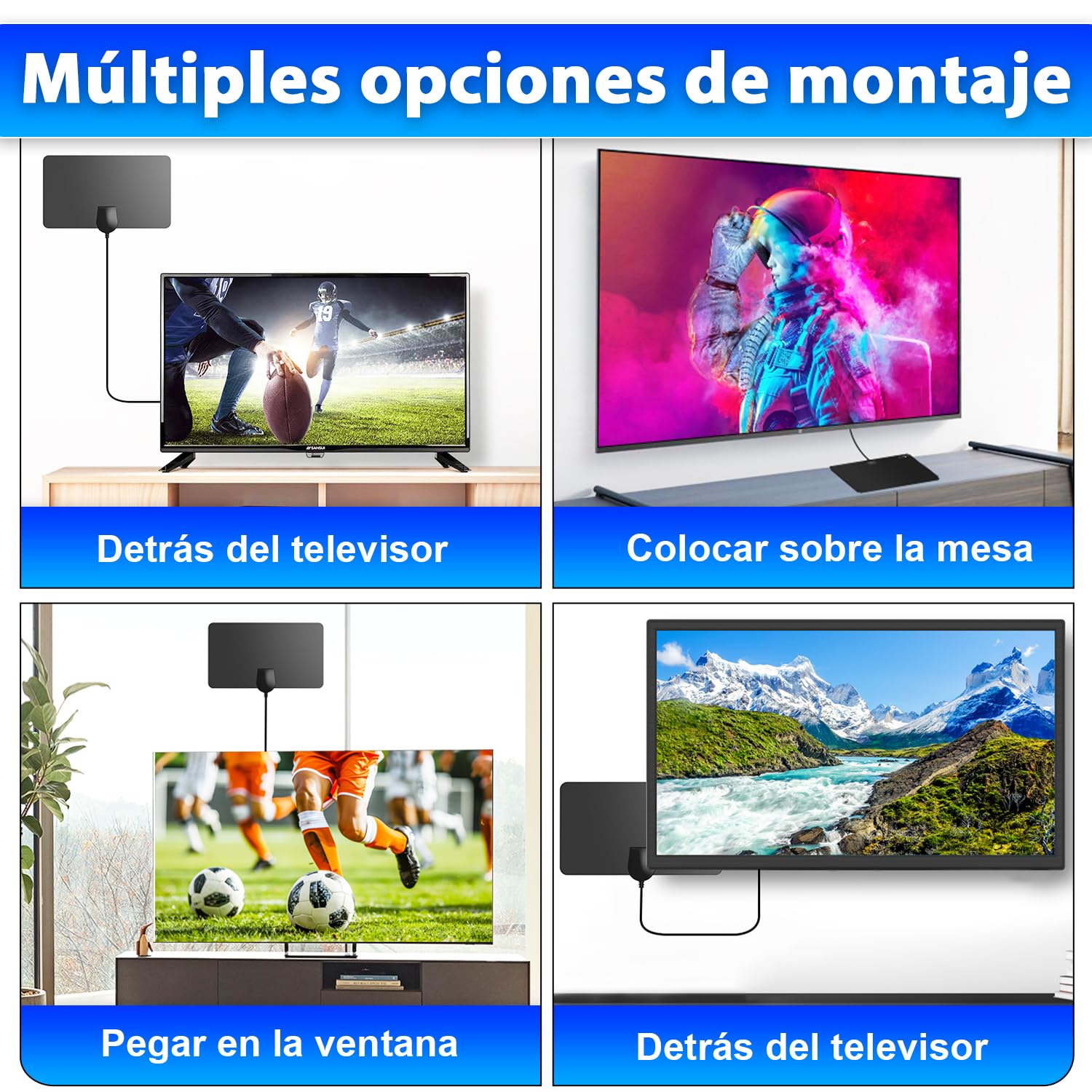 Antena TV Interior Digital de Panel 2026 – Diseño Ultrafino y Flexible con Amplificador, Recepción 360° de Largo Alcance, Compatible TDT/DVB-T2, Canales Gratis 4K/Full HD