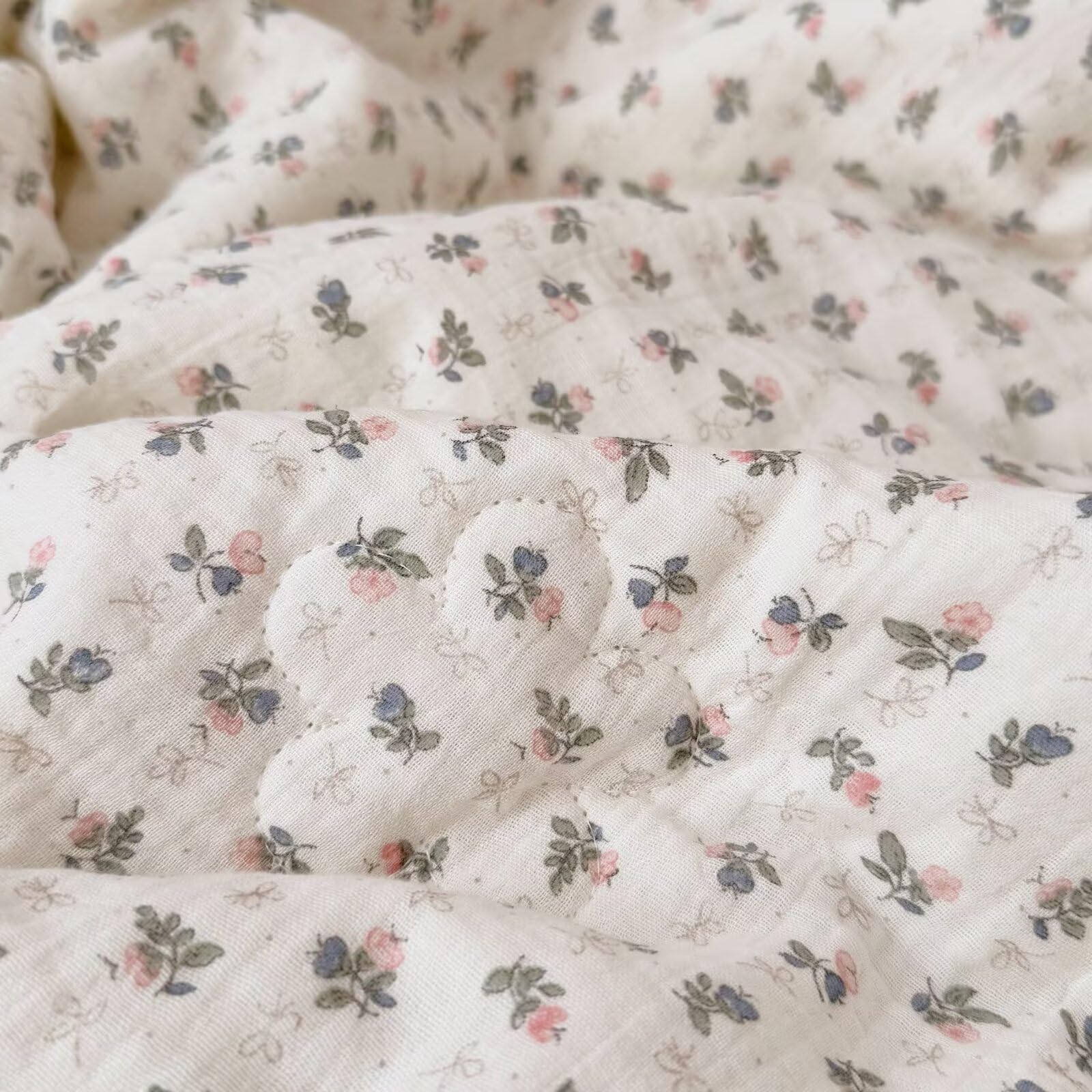 BuLuTu Coperta trapuntata in mussola di cotone con stampa a fiori rosa, per bambine e ragazzi, leggera e morbida, per culla, per bambini, per tutte le stagioni, 119,2 x 150,2 cm