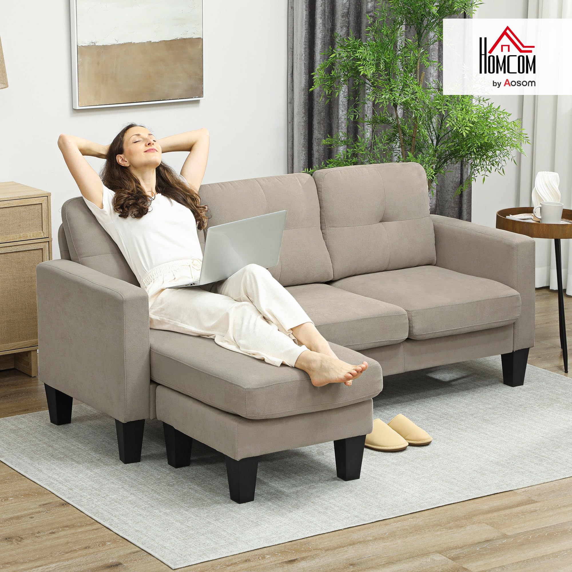 HOMCOM Divano angolare a 3 posti, reversibile a destra o sinistra, soggiorno, grande comfort, schienale imbottito, beige
