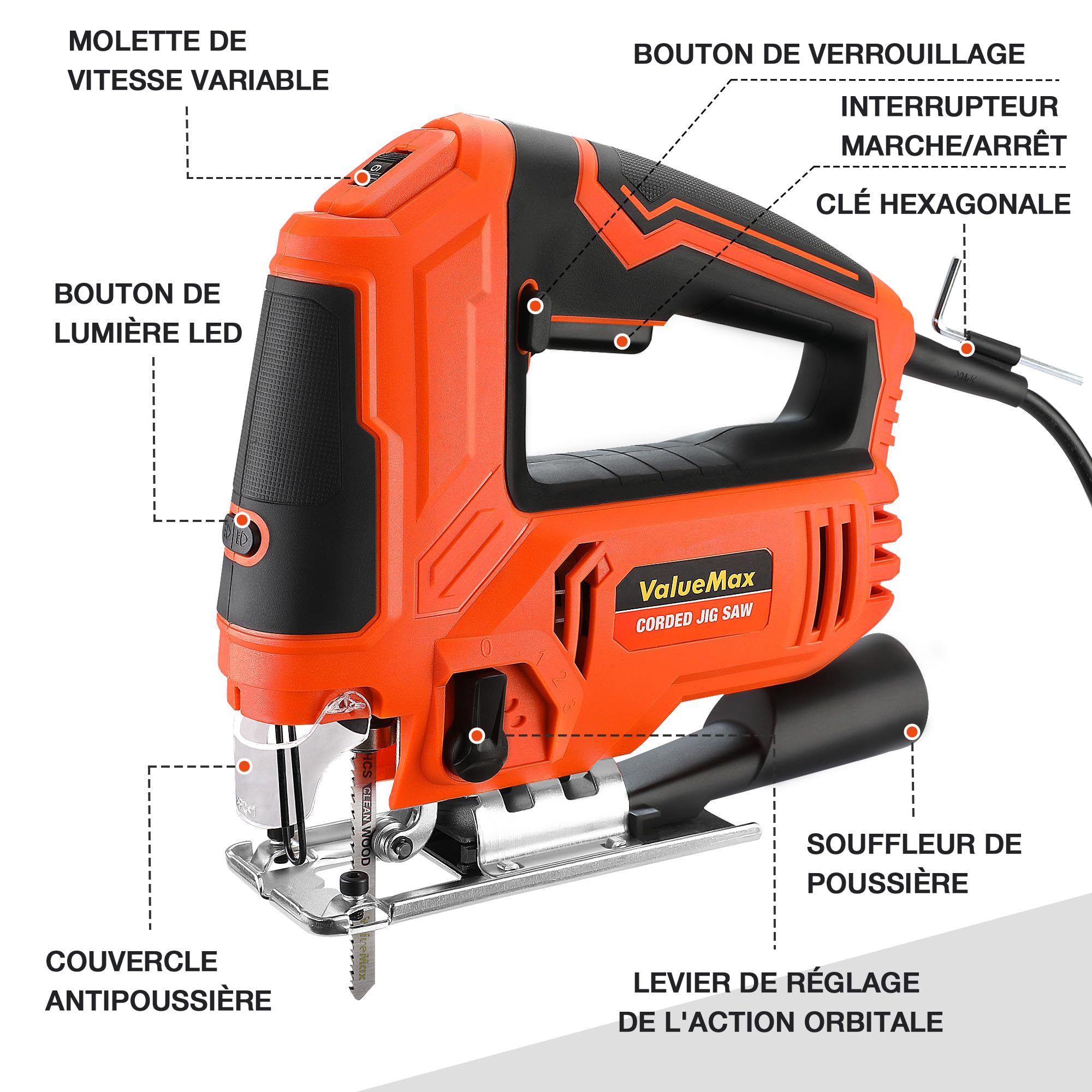 ValueMax 850W Scie Sauteuse, Vitesse réglable de 800 à 3000 SPM, 6 Vitesses, 4 Modes de Coupe, Coupe en Biseau à±45°, Fonction soufflerie, 6 Lames, Lampe LED, Idéale pour Bois, Métal et Plastique