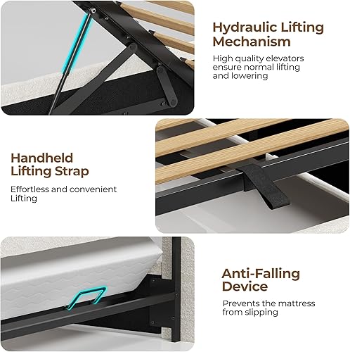 Miniatura 8 de Rolanstar Marco de cama tamaño completo con almacenamiento elevable, estación de carga y luces LED, cabecera tapizada con almacenamiento, listones