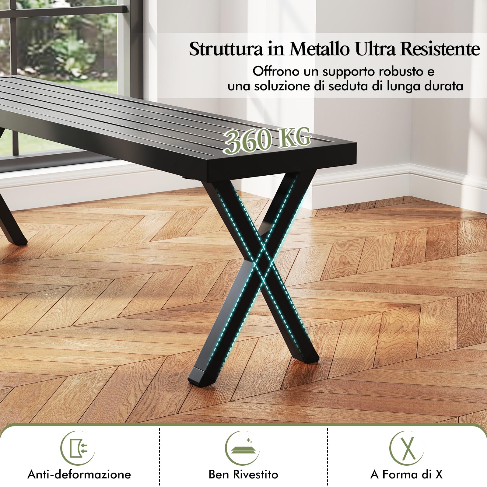 COSTWAY Panca da Esterno in Metallo 138x36x46 cm Panchina con Seduta a Listelli Gambe a X Capacità 360 kg Nero
