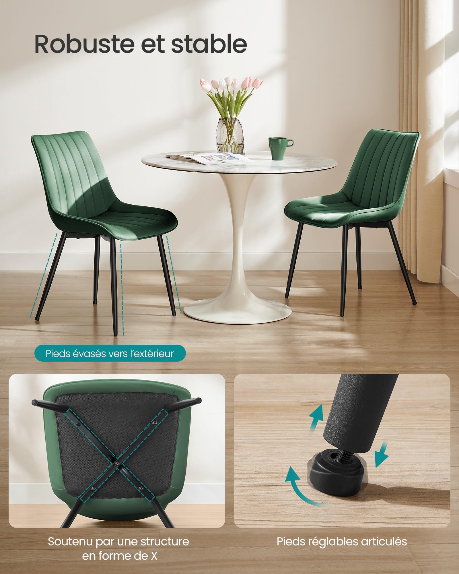SONGMICS Lot de 6 Chaise Salle à Manger, Chaise Cuisine, Supportant Jusqu’à 120 kg, Pied en Acier, Dossier Ergonomique, pour Salle à Manger, Cuisine, Vert et Noir d'encre LDC090C16