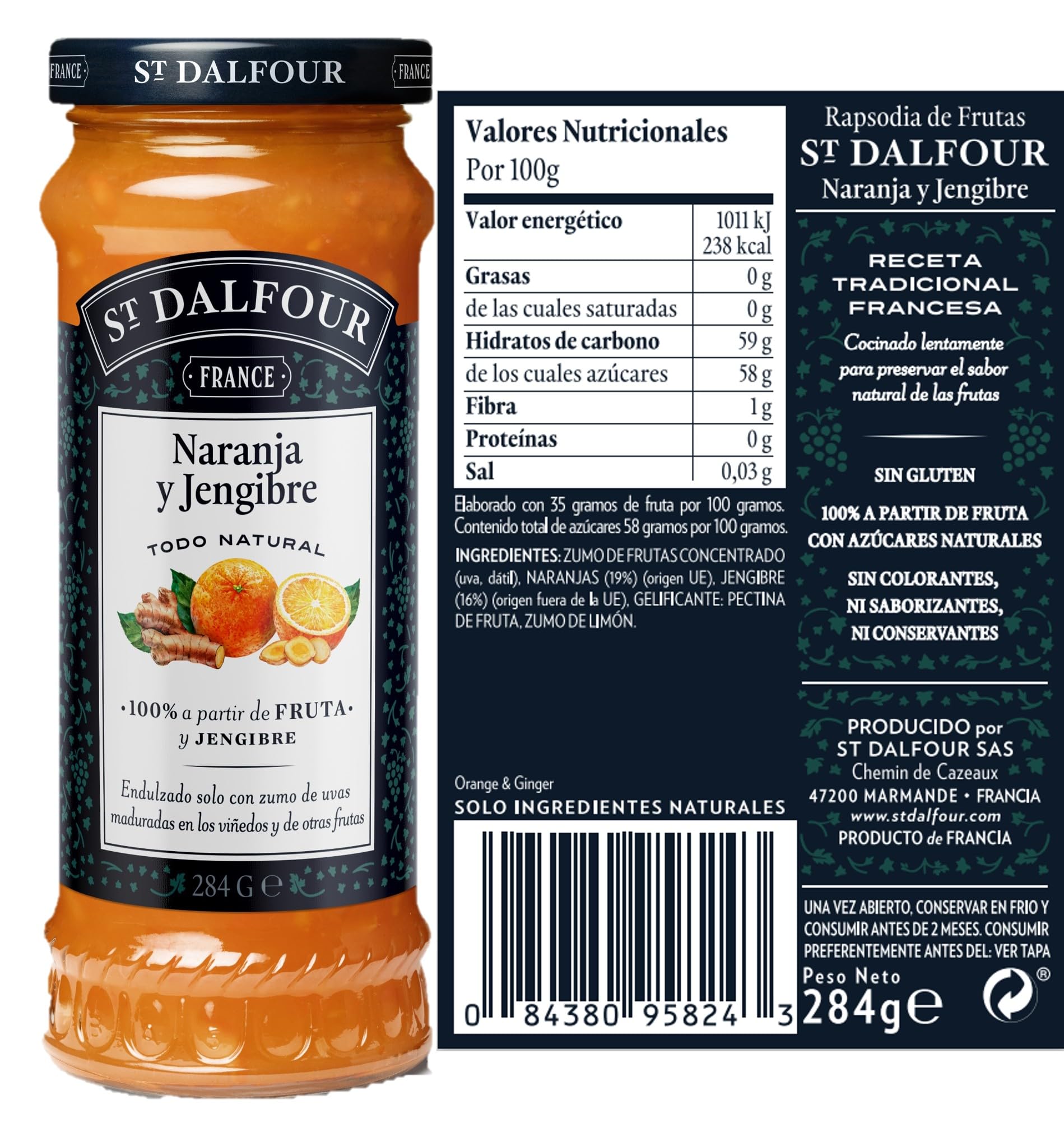 St Dalfour CAJA MIXTA | 2 frascos FRESA, 2 frascos MELOCOTÓN, 2 frascos NARANJA & JENGIBRE | Mermelada natural | Caja 6 frascos x 284gr | 100% fruta sin azúcares añadidos