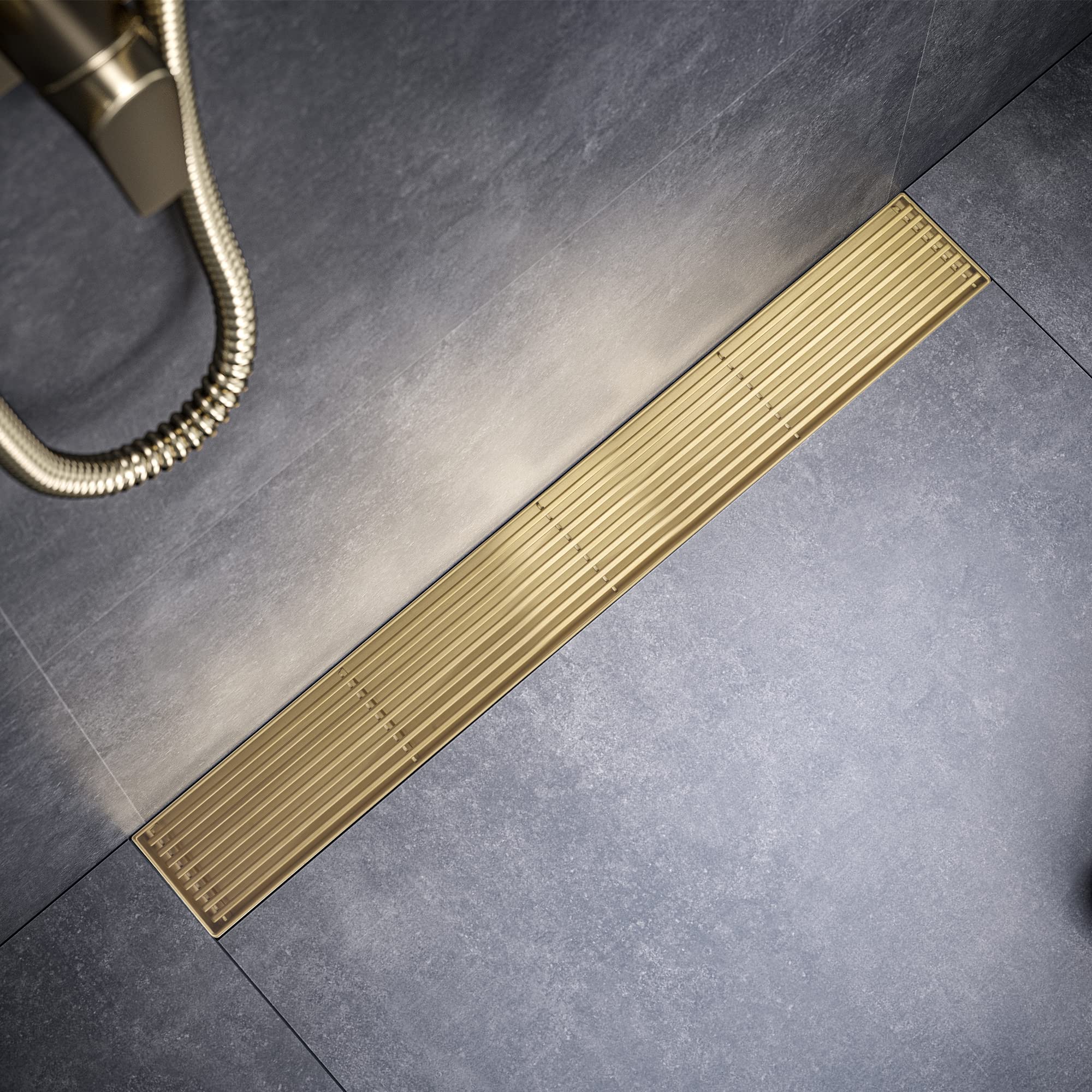 BAUNVB Linear Shower Drain 28 Inch, Brushed Gold 304 Stainless Steel Rectangular Shower Drain, 51L/Min Fast Drainage Floor Linear Drain, US Standard CUPC Certified, Zirconium Gold,SD-108-28ZG