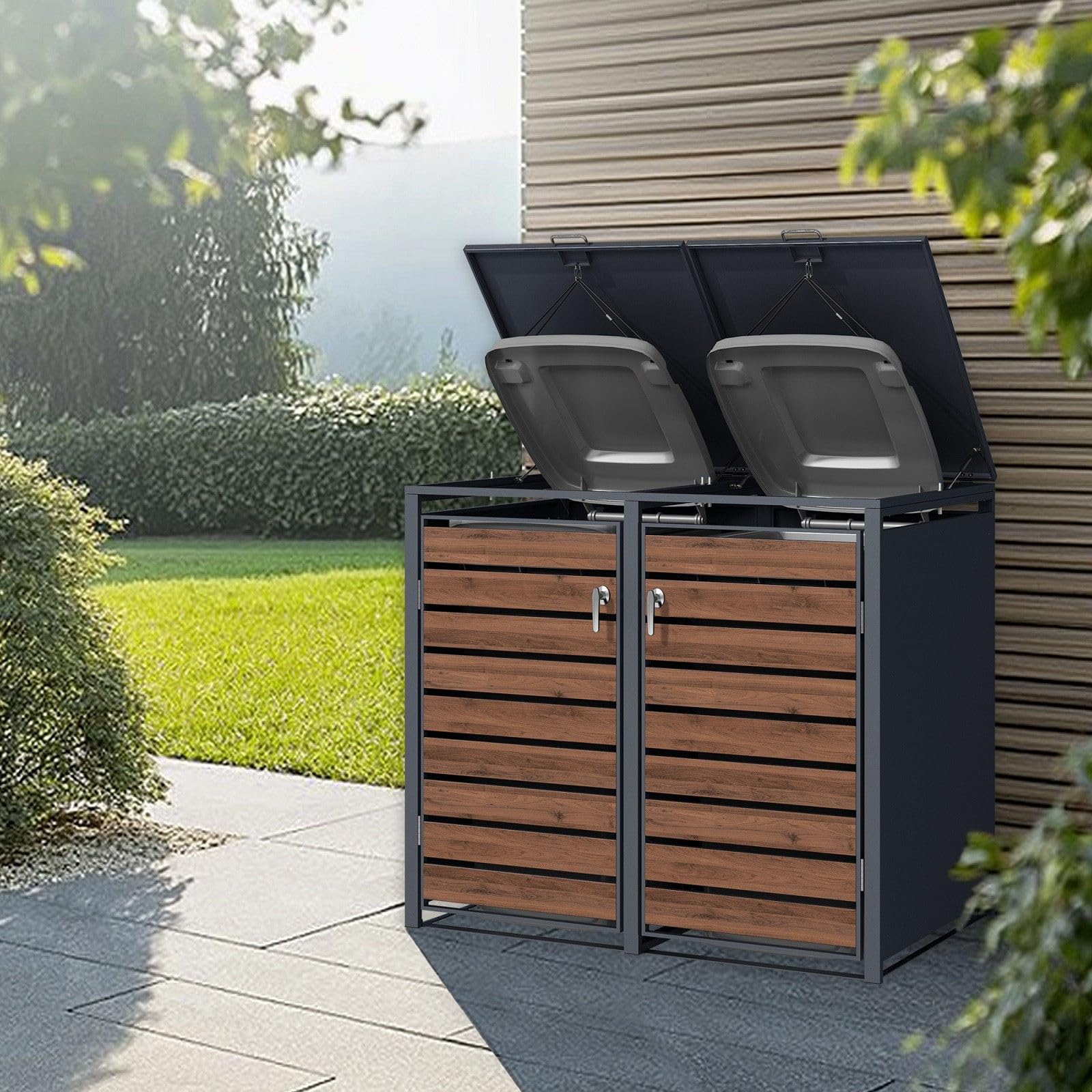 SCHARTEC® Mülltonnenbox 2er anthrazit mit dunklem Holz-Design erweiterbar 240l Mülltonnenverkleidung Mülltonnen Sichtschutz Unterstand für 2 Tonnen