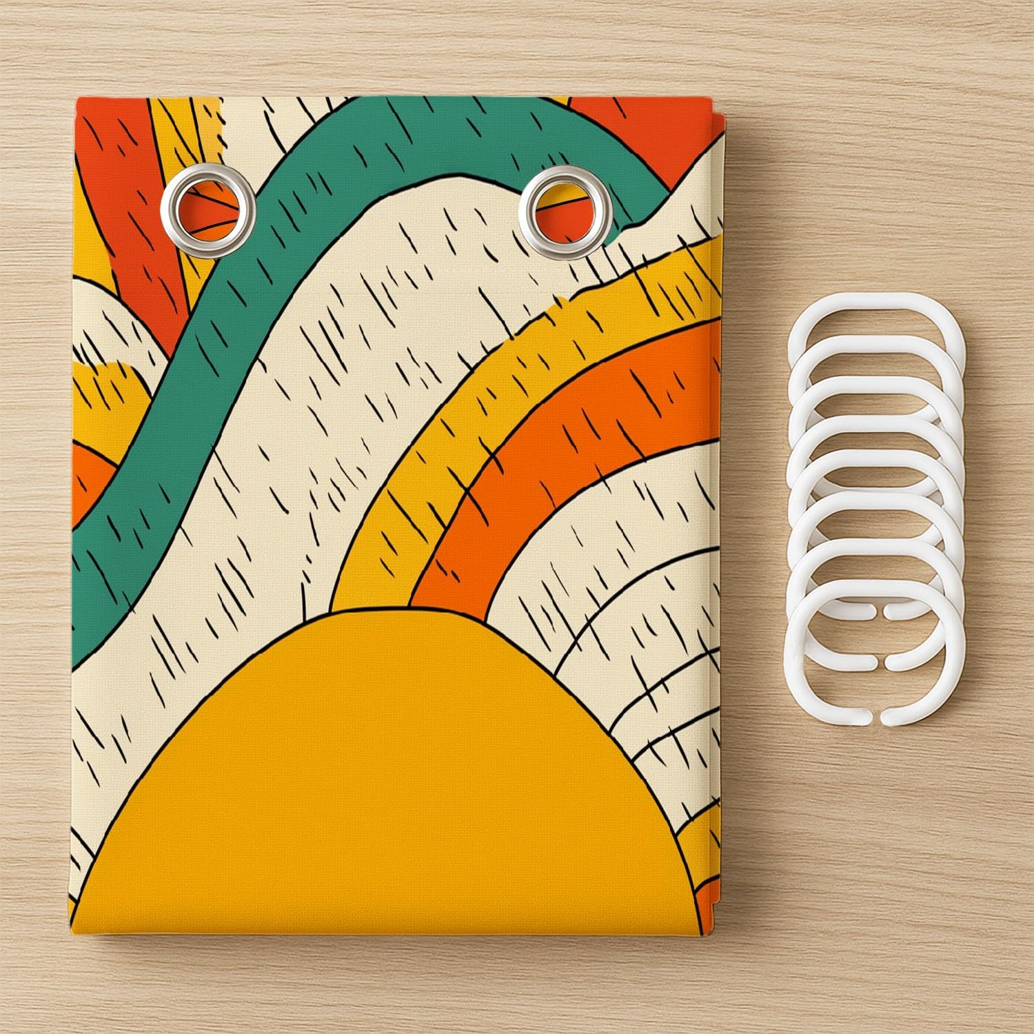 Generico Vintage Tenda Da Doccia Fantasia Linee Sole Beige, Tenda Da Doccia Per Bagno, Vasca Da Bagno, Tenda In Poliestere Impermeabile Con Ganci In Plastica, 200 x 200 cm