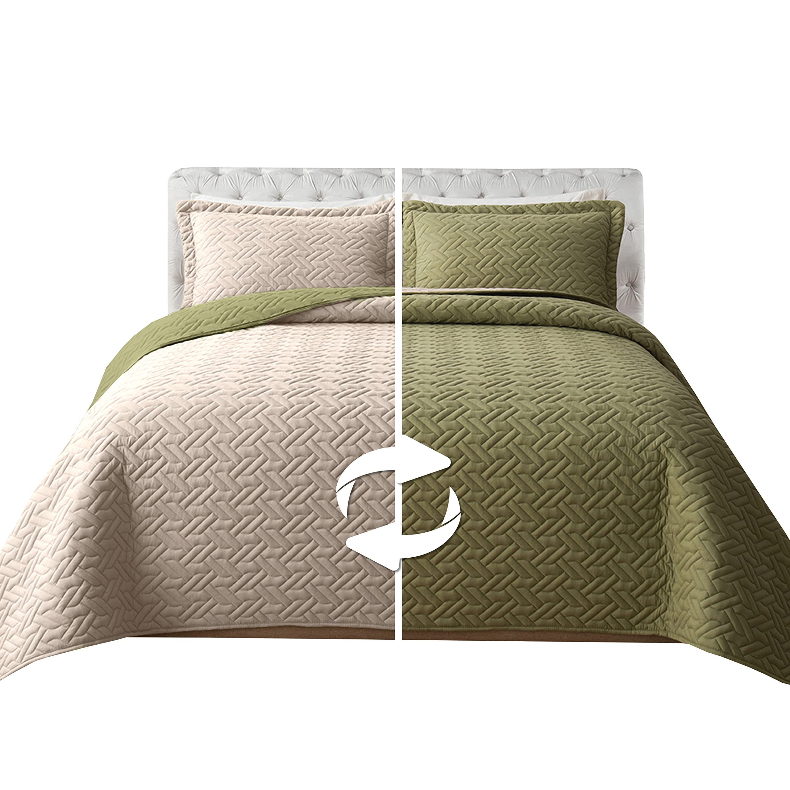 Elegant Comfort 3-Piece Quilted Reversible Bedspread Coverlet Set with Pillow Shams, Exquisite Majestic Stitching All Season Heavy Weight - Ultra Soft Premium Quilt- Twin XL, Sage Cream
