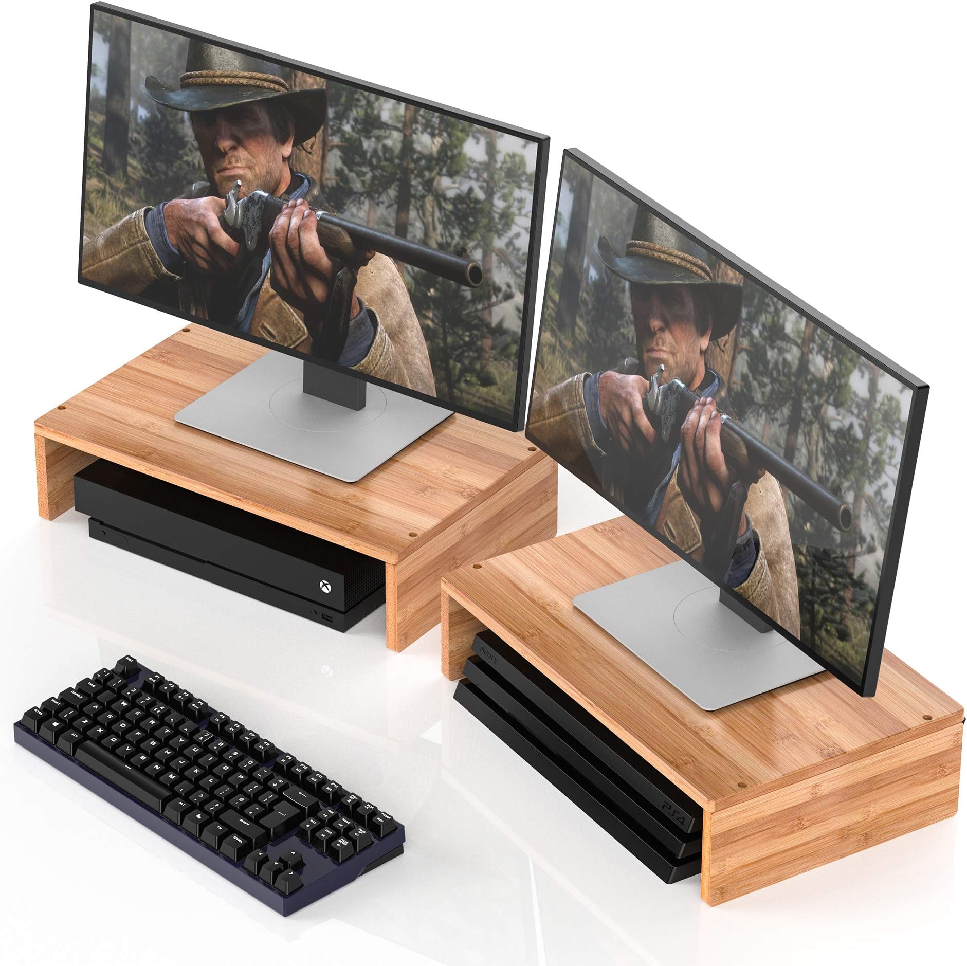 Dual Monitor Riser Bamboo Desktop Stand for Computer,Laptop,Printer,iMac,Component