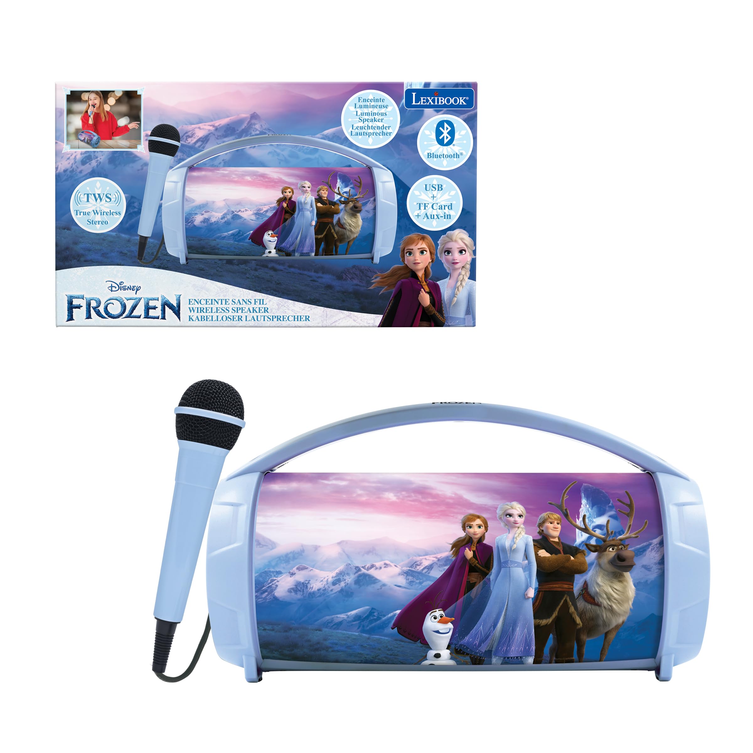 Lexibook, Frozen, Wireless light speaker with microphone, Stereo sound, Karaoke function, USB and SD card ports, Rechargeable battery, Handle to carry everywhere, Blue/Purple, BTP585FZZLXB
