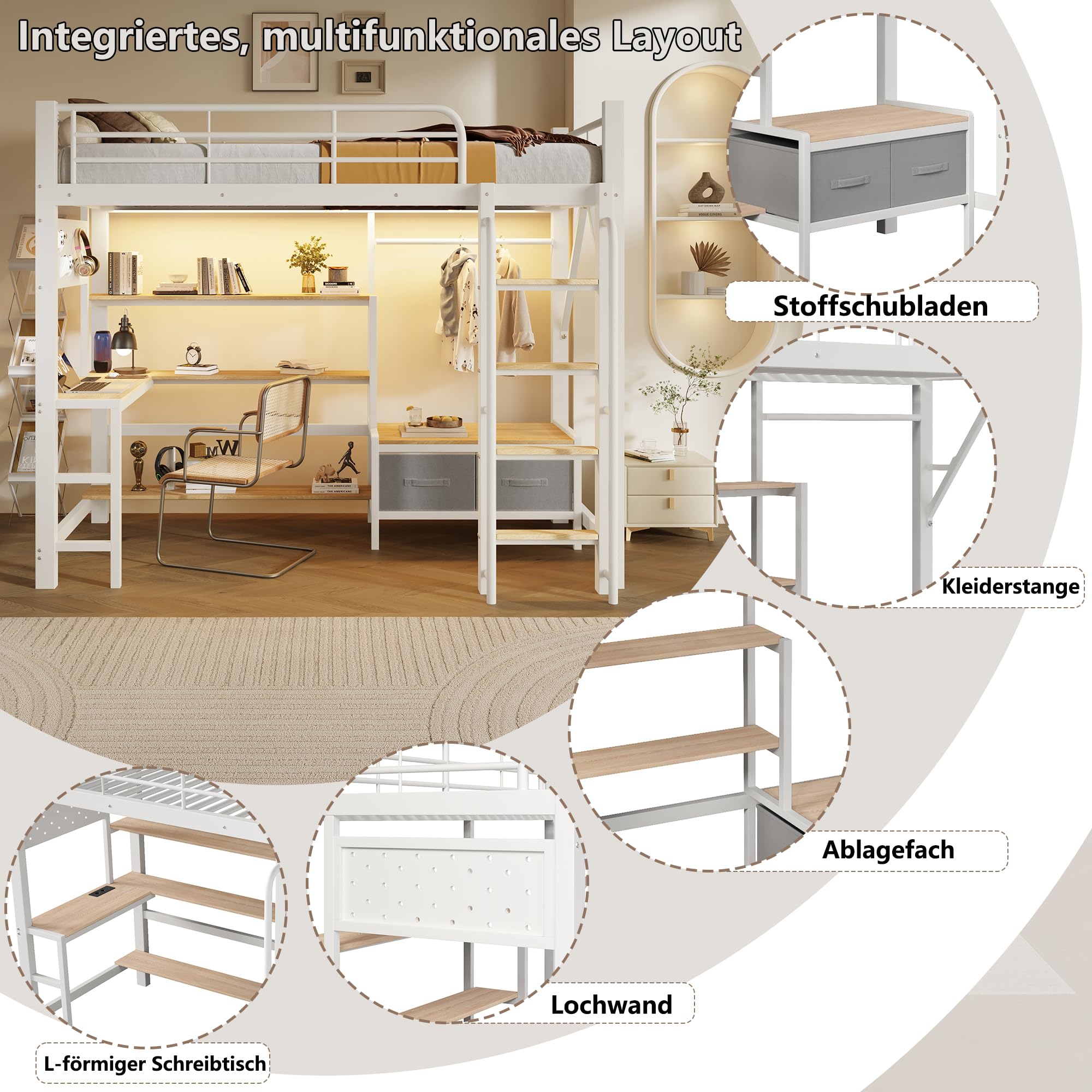 Hochbett 90x200 mit LED Streifen & USB, Kinderbett mit Schreibtisch