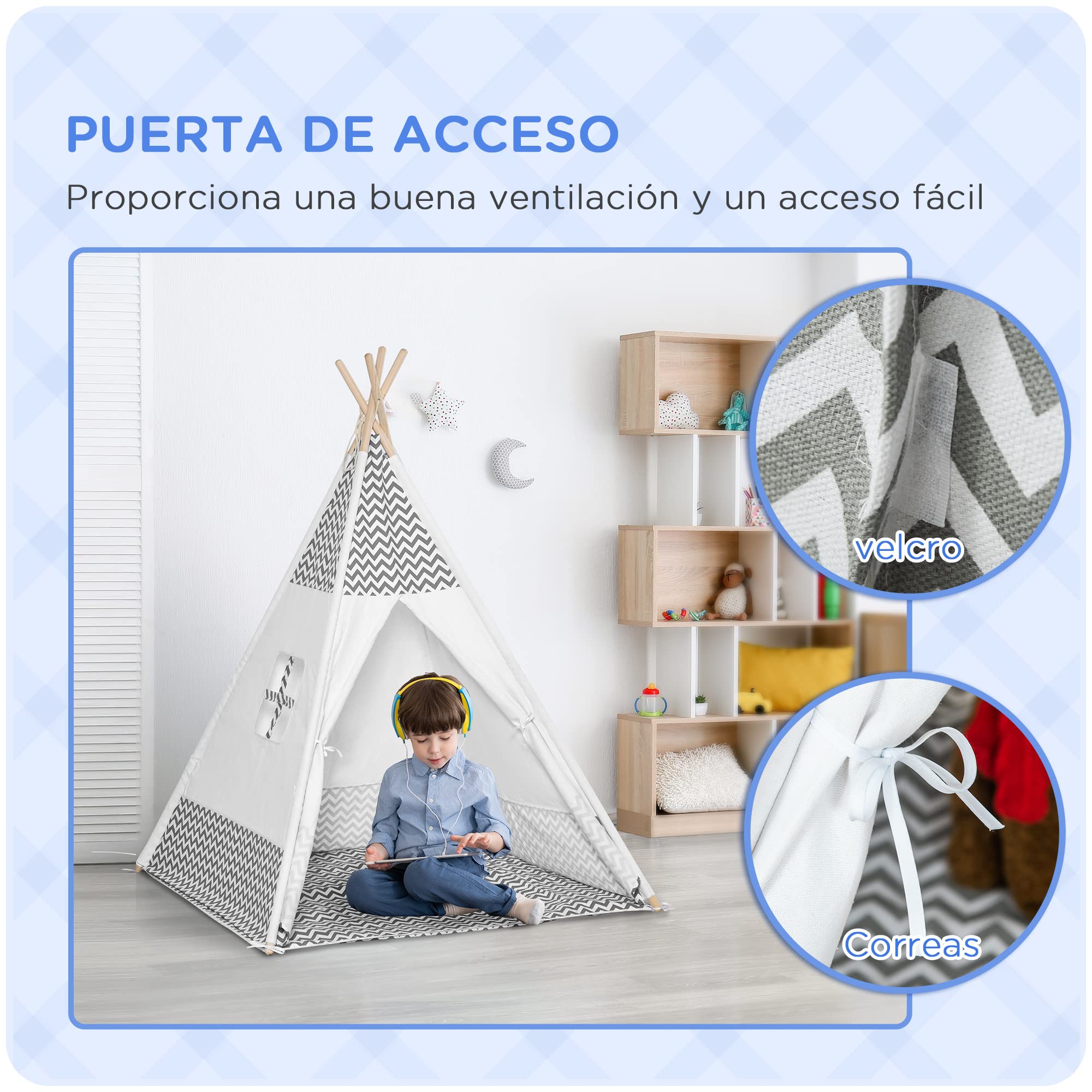 HOMCOM Tienda de Campaña para Niños de +3 Años 120x120x155 cm Gris | Tipi Infantil con Colchoneta, de Madera, Portátil, Ventana, Bolsa de Transporte, para Interiores y Exteriores