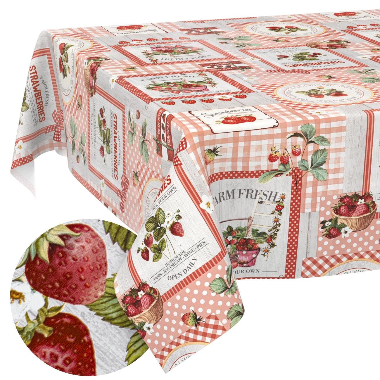 Oilcloth Tablecloth Washable Wax Tablecloth Easy Care Lotus Effect Outdoor Garden Tablecloth Strawberries 140 cm (Round)