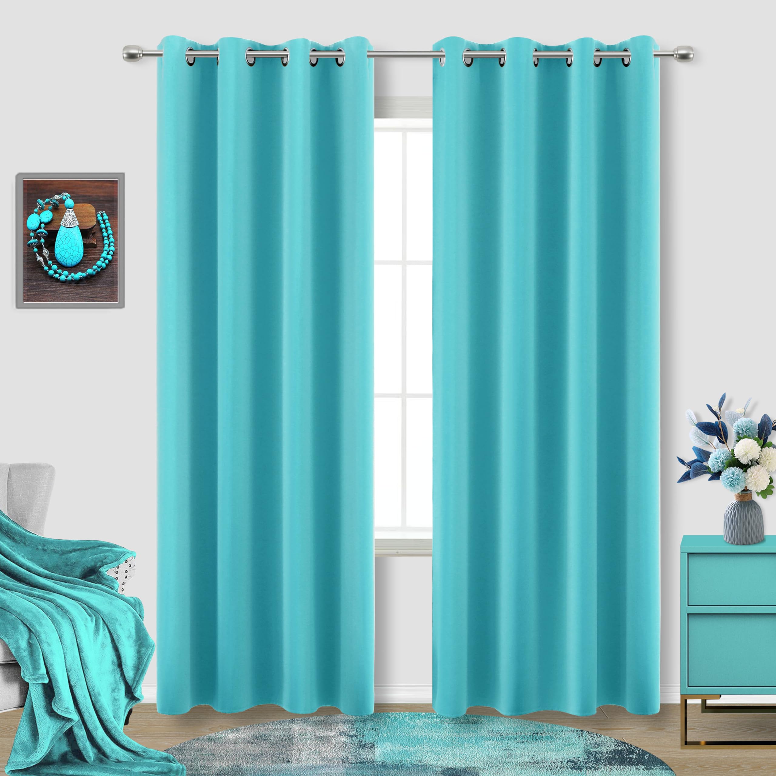 Set of 2 Double Blackout Curtains, Ring Top, Thermal Insulated, Light Blocking, for Living Room/Bedroom, 132 x 213 cm, Turquoise