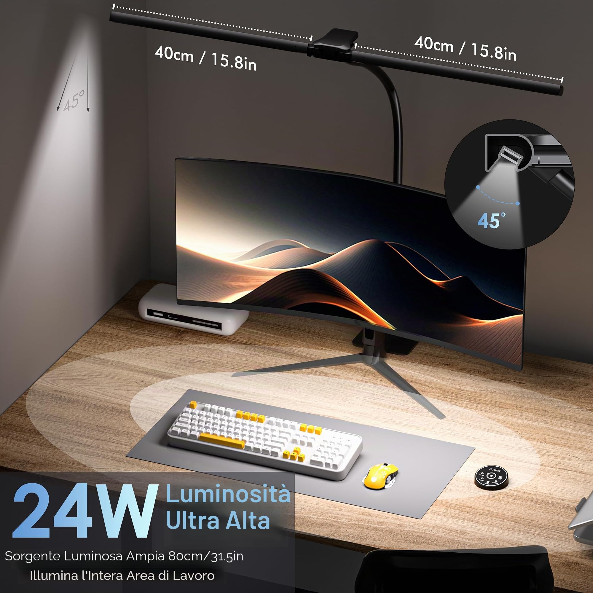 EYOCEAN Lampada da Scrivania, Lampada da Scrivania a Doppia Testa 24W 80cm con Telecomando, Temperatura di colore regolabile, senza abbagliamento, Lampada da Monitor Dimmerabile, PC Lampada per