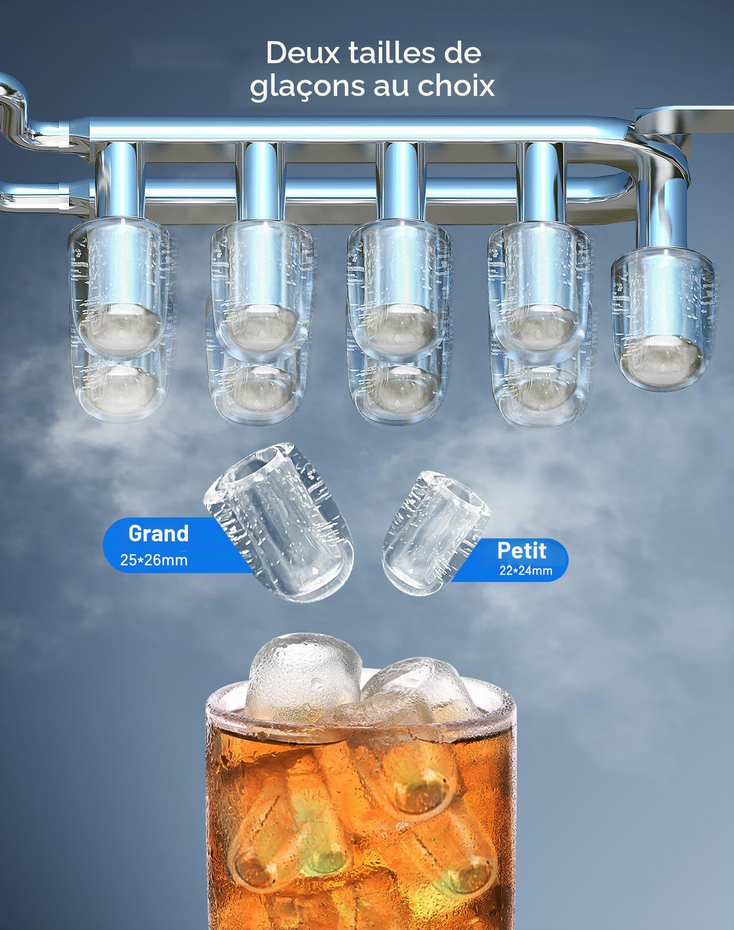 Machine a glacons Acier inoxydable machine a glace machine a glacon avec écran LED et fonction de nettoyage 2 tailles de glaçons 2 litres pour la cuisine le bureau le bar et les fêtes