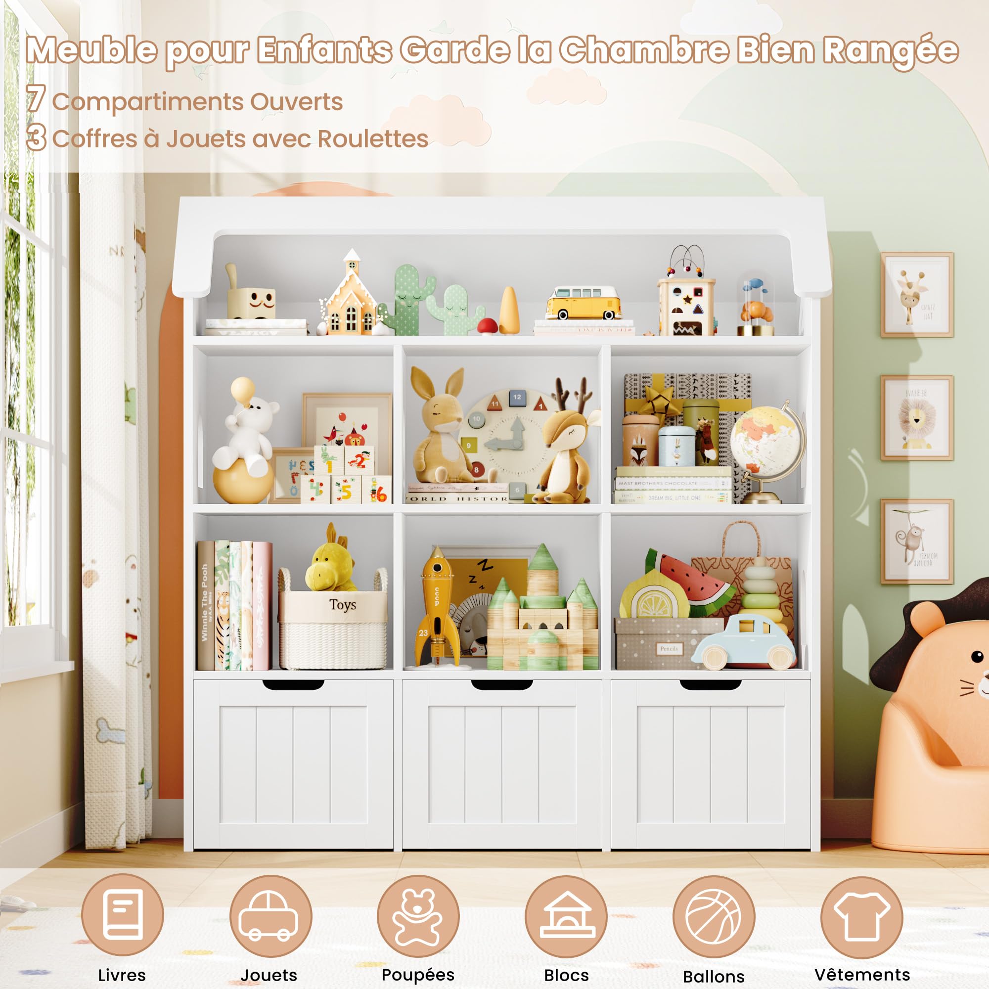FOREHILL Meuble Rangement Enfant, Maison de Poupée, Bibliothèque Enfant avec 7 Étagères 3 Tiroirs Roulants, Rangement Jouet Chambre Enfant, 120x30x117.5cm, Blanc