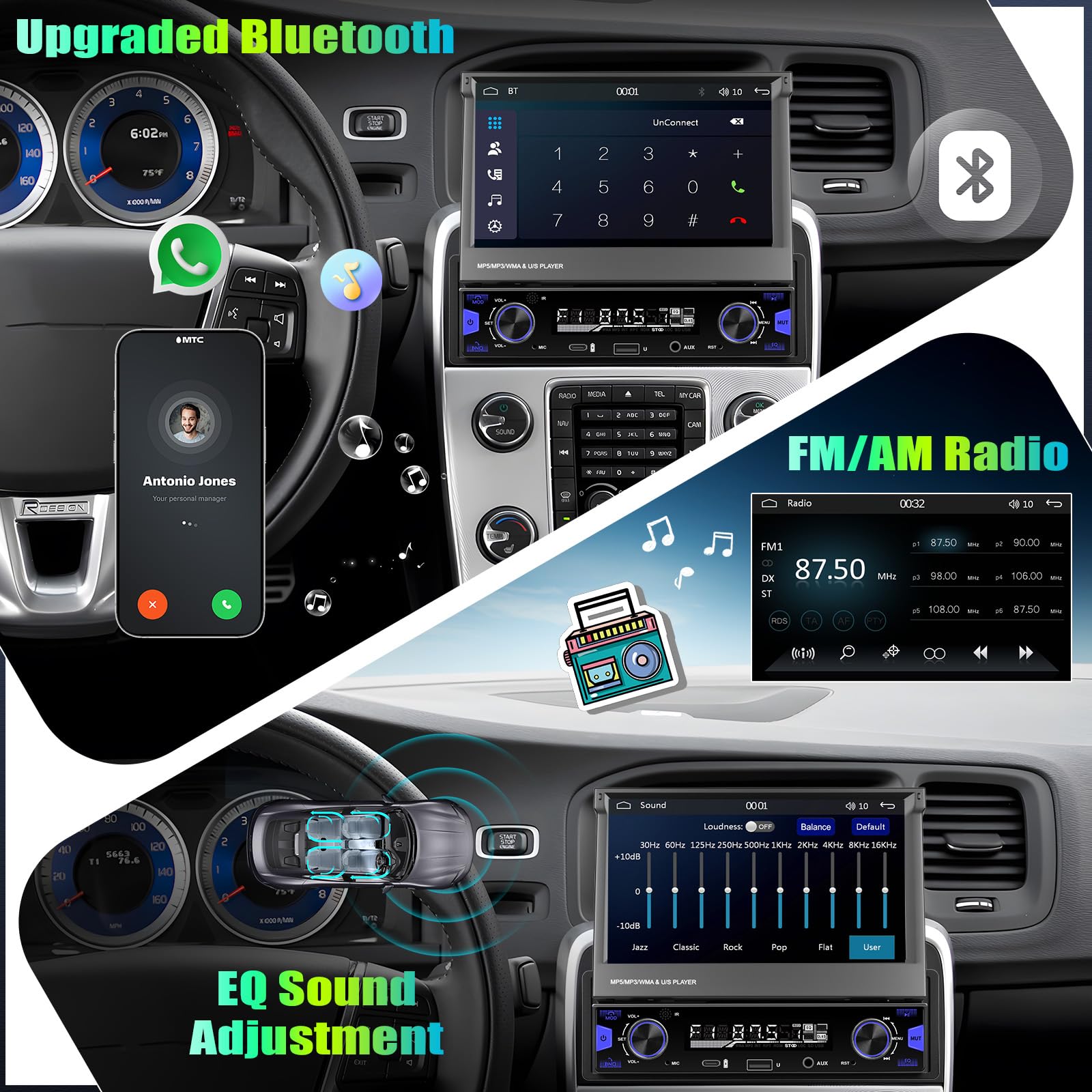 CAMECHO Radio de Coche 1 Din con Pantalla Táctil HD Inalámbrica Carplay, 7 Pulgadas Pantalla Retráctil Manual de Radio Bluetooth con Android Auto FM/AM/RDS Manos Libres Mirror Link Control del Volante