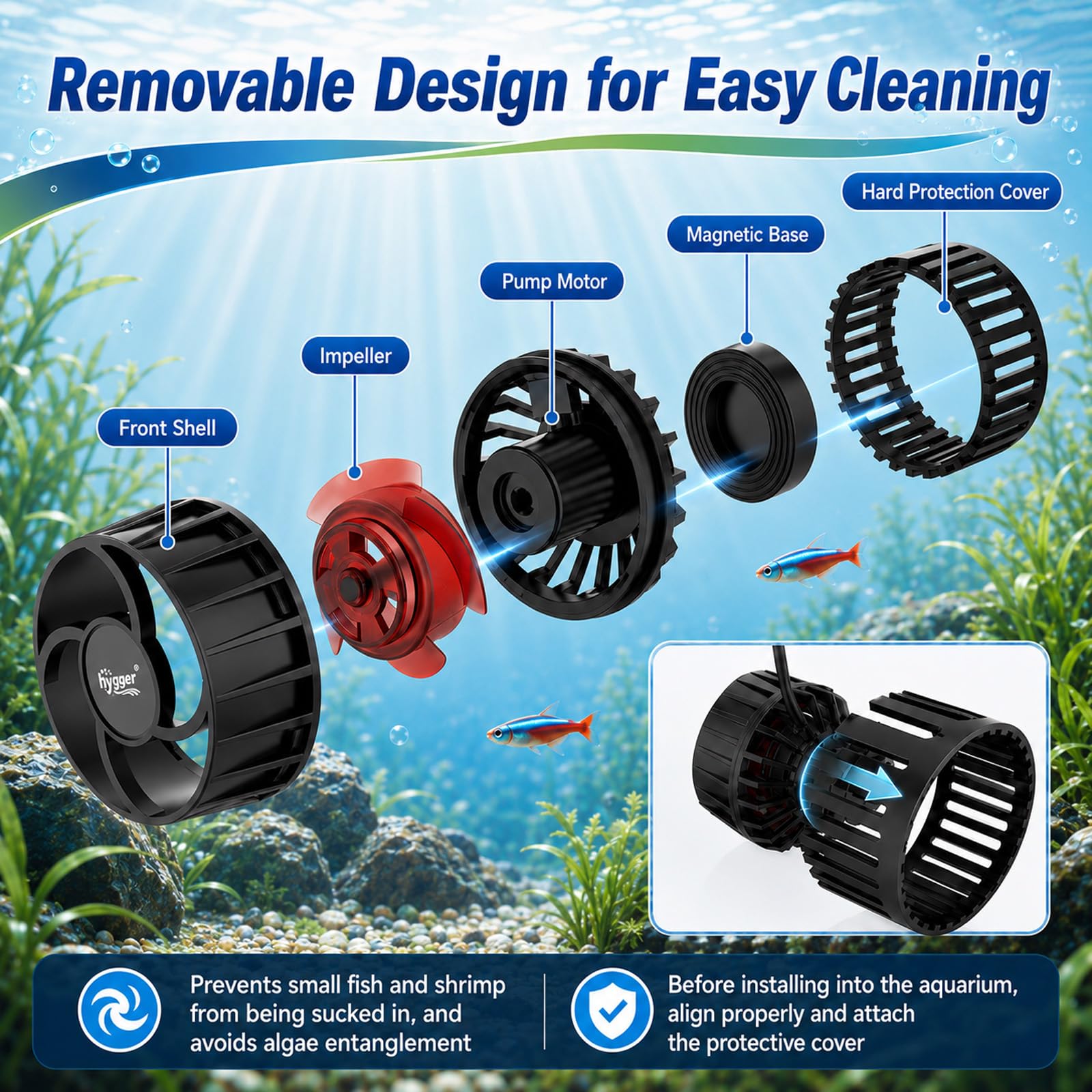 Mini Pompe de Brassage Aquarium 6W, Wave Maker Aquarium Magnétique DC | 3000L/h & 10 Vitesses, Pompe de Circulation avec 4 Modes pour Aquariums 15-189L, pour l'eau Douce et Salée