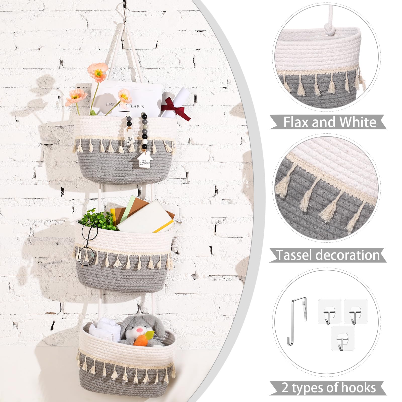 3-Tier Boho Woven Hanging Baskets - Cotton Wall Storage Organizer For Home Decor