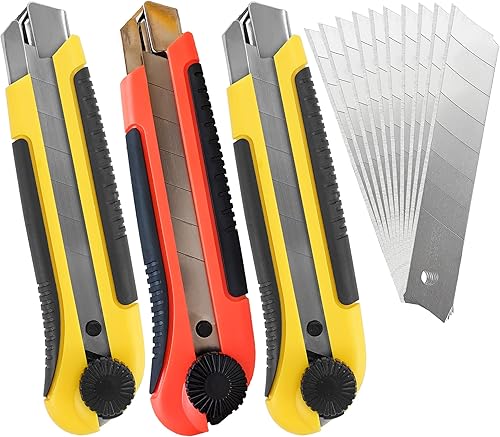 Cuchillo de construcción de cortador de caja de 0.984 in, cuchillo de utilidad resistente, mango de goma Exacto, 3 piezas 10 SK5 cuchillas a
