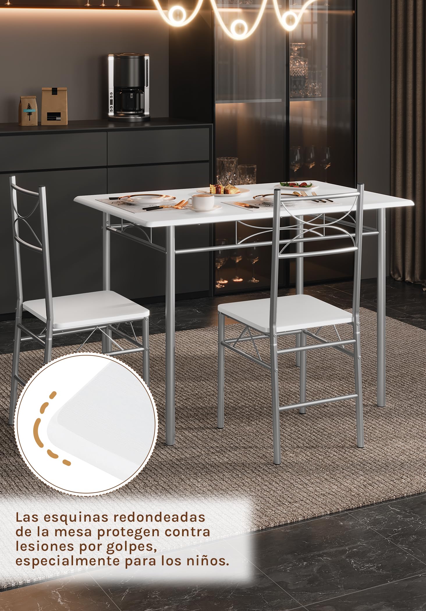 WOLTU Mesa y Sillas Comedor para 4 Personas, Mesa Cocina de Madera, Juego de Muebles de Comedor, Madera MDF y Metal, Blanco + Plata