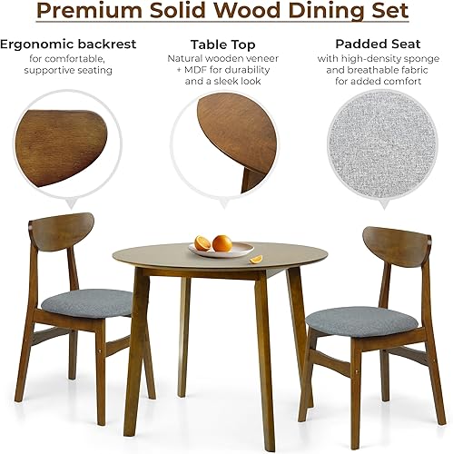 Miniatura 2 de Wickerix Juego de 3 mesas redondas de cocina y 2 sillas auxiliares Yumiko de madera maciza con asiento acolchado, color marrón medio Marrón