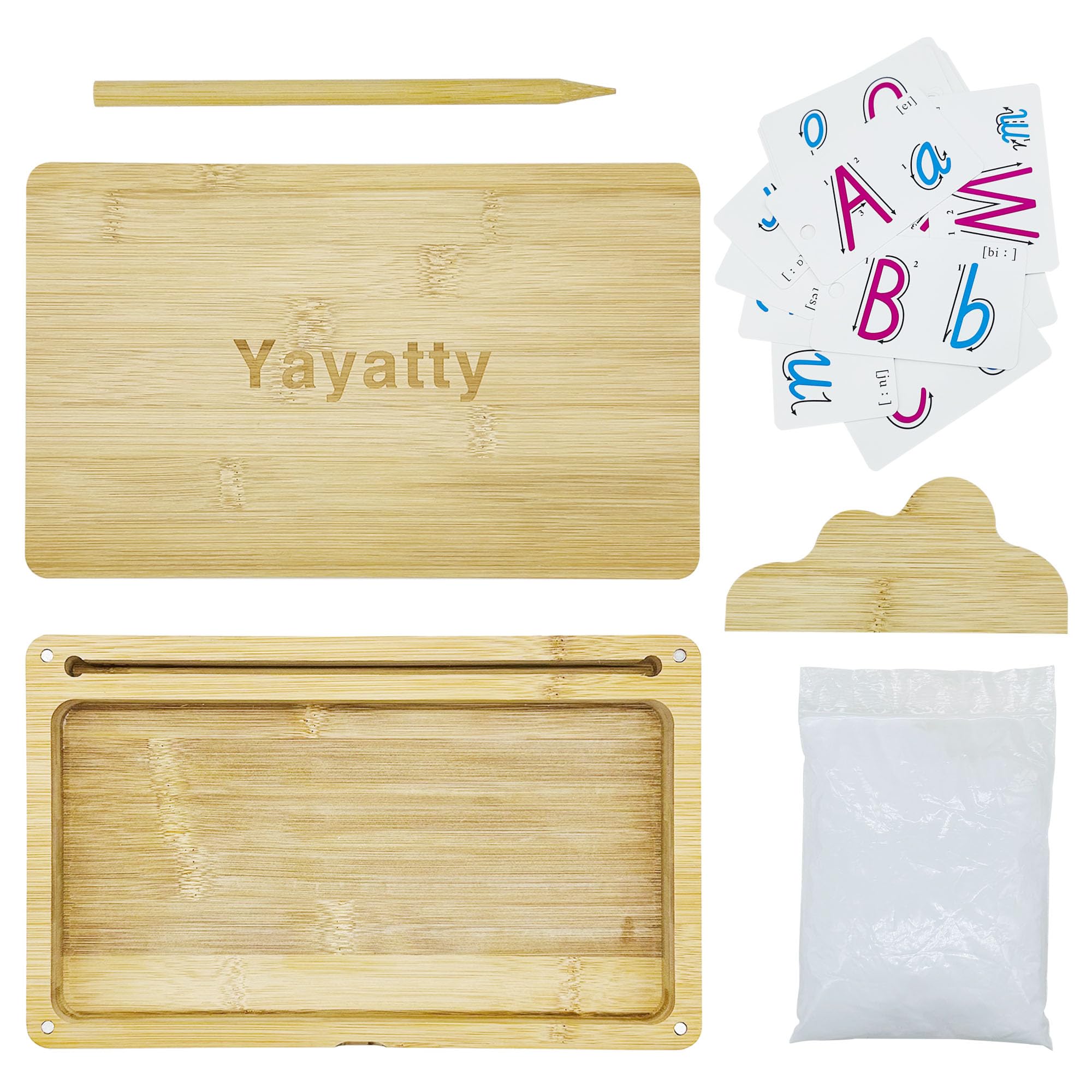 Yayatty Wooden Sand Tray with Lid - Montessori Trays for Kids Letter and Number Writing, Includes Sand, Card, Pen - 10.2 x 6.3 in, White