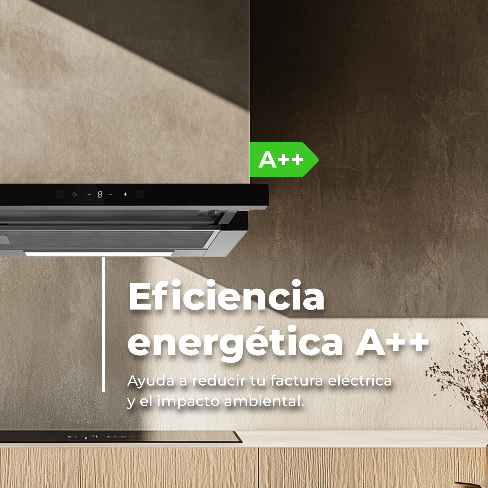 EVVO Dunstabzugshaube 60 cm ausziehbar 550 m³/h LED-Licht Aluminium- Kohlefilter Gestensteuerung Edelstahl-Finish schwarzes Glas A++