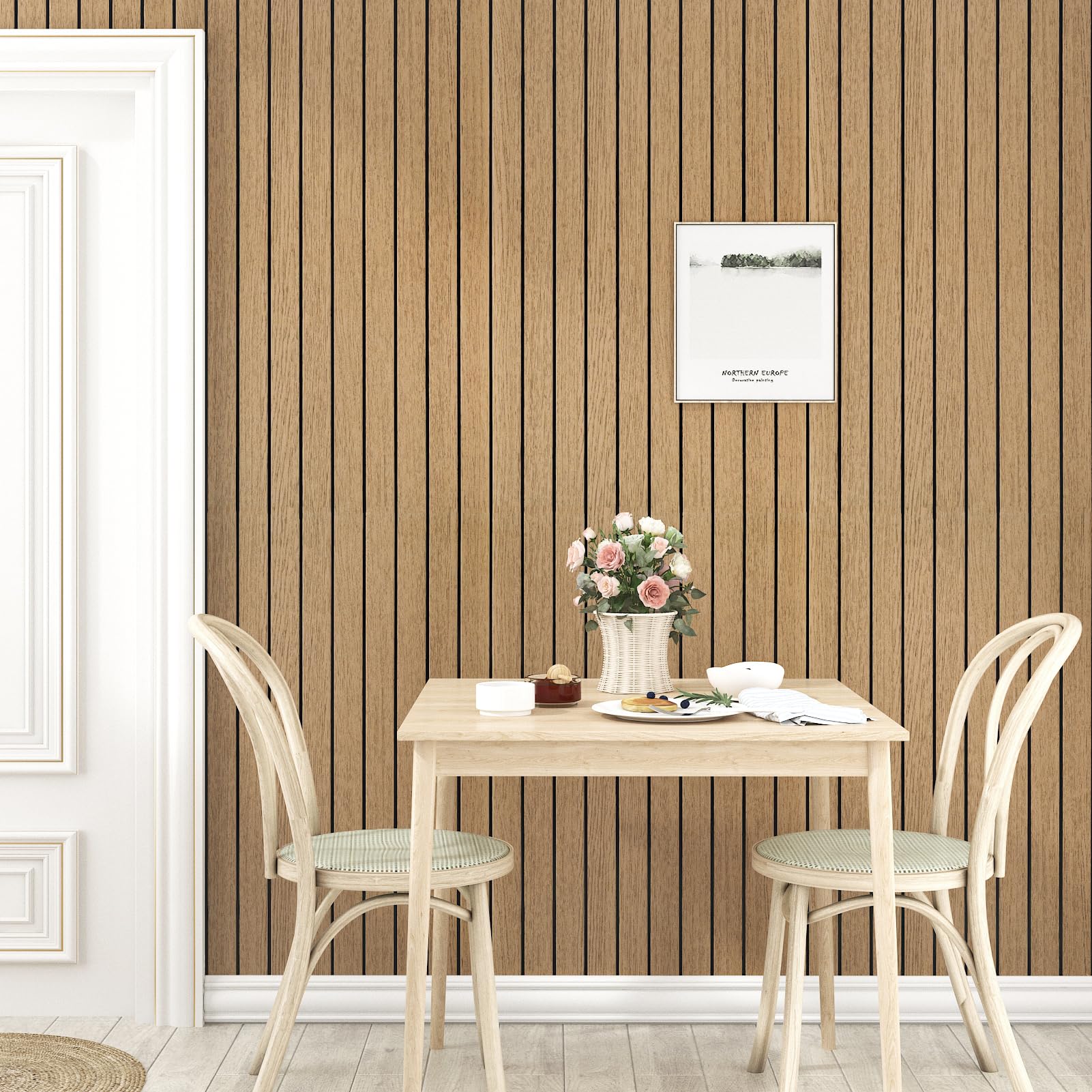 Panel de listones de madera marrón para pared, paneles de espuma