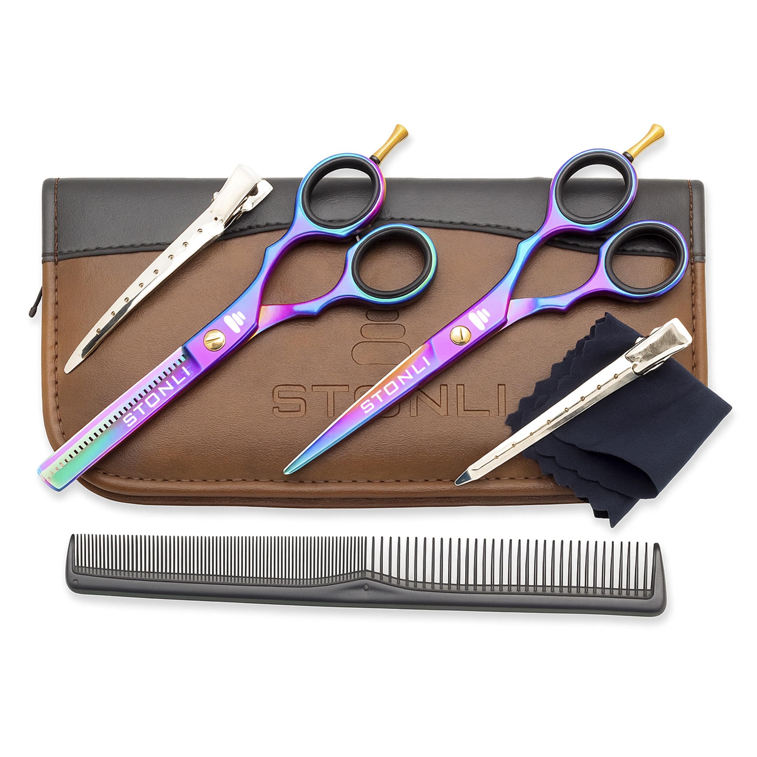 Stonli Men's Iridescent Hairdressing Scissors For Hair Cutting - Stainless Steel 6 Inch Hair Scissors With Sharp Edge Barber Scissors - Hair Cutting Scissor With Pouch For Salon, Home, Wo (Iridescent)